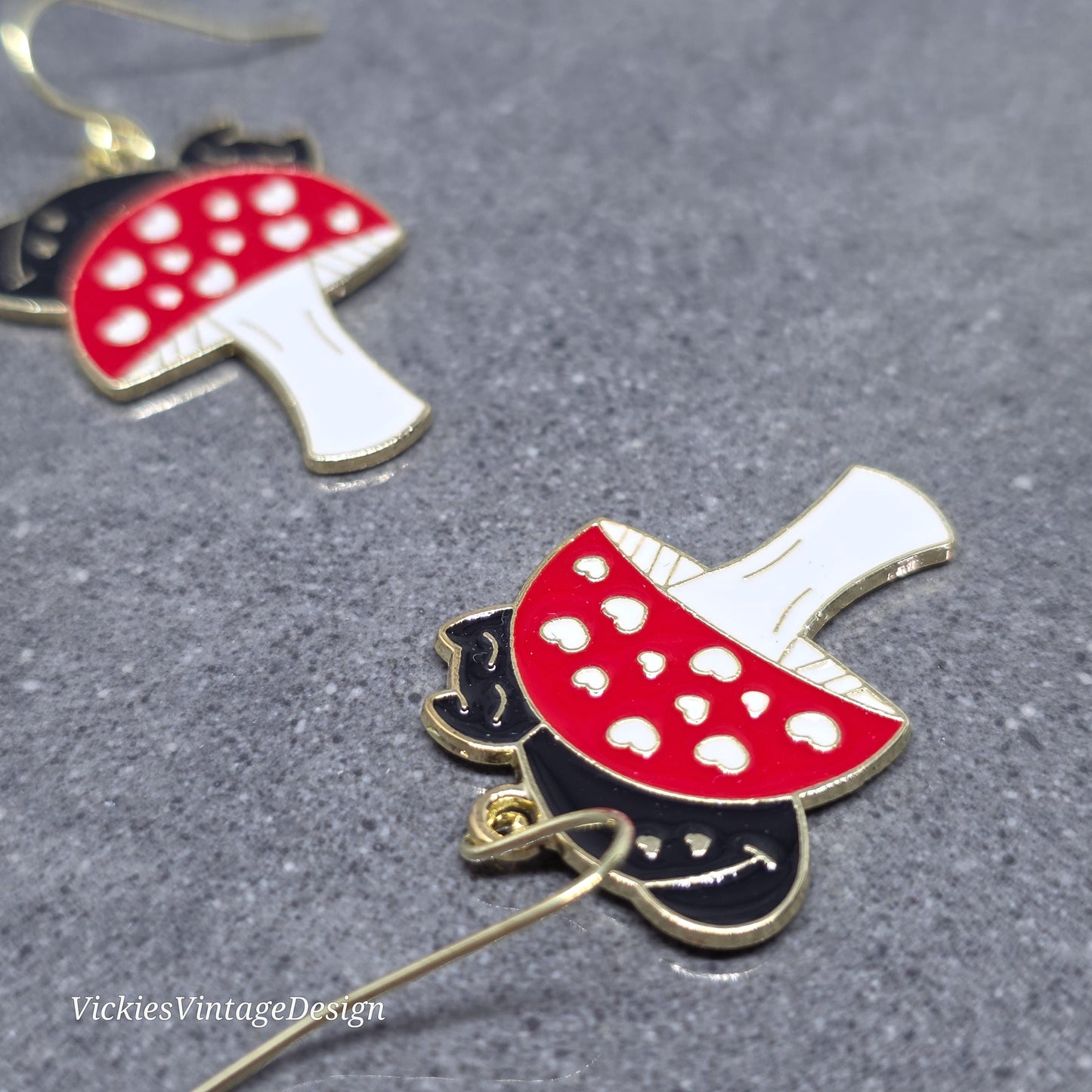 Black Cat Earrings: Red Mushrooms with a Choice of Ear Wire