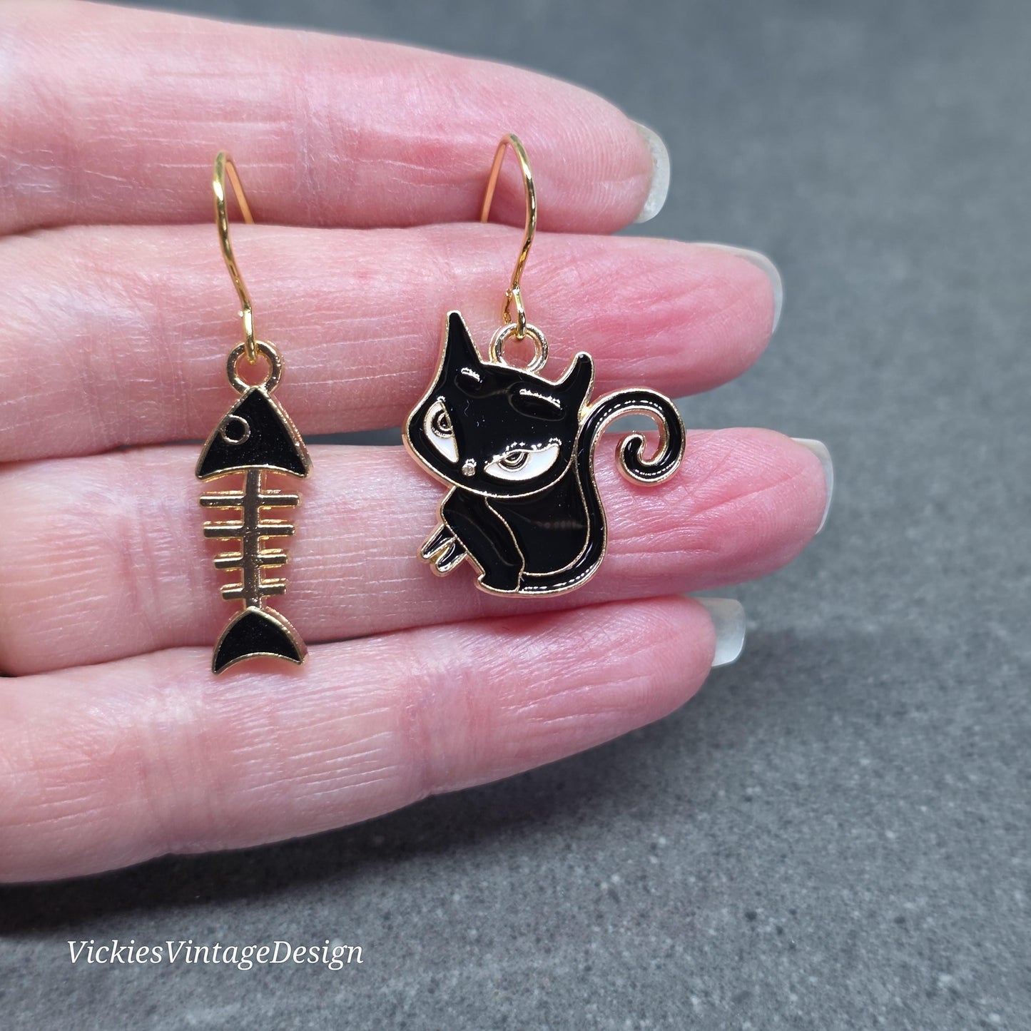 Cat and Fish Bone Earrings with a Choice of Ear Wires
