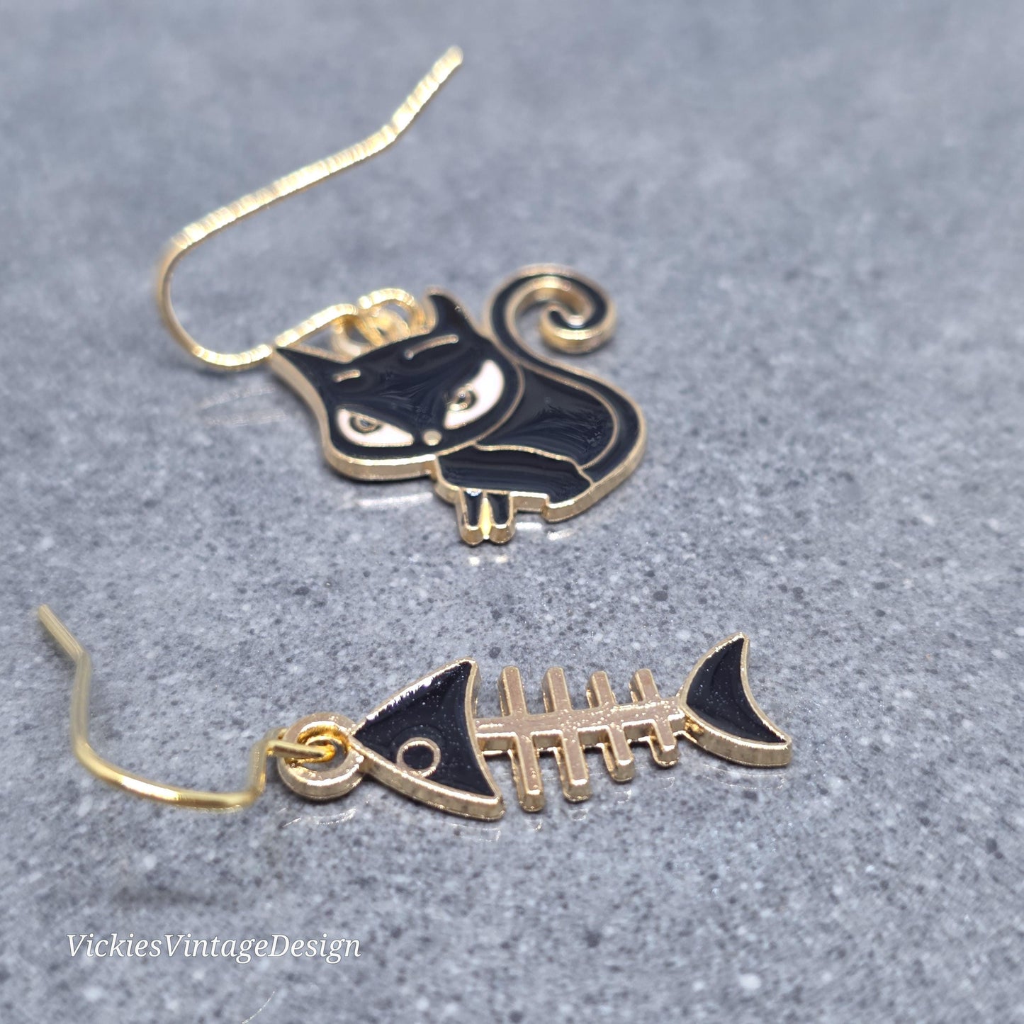 Cat and Fish Bone Earrings with a Choice of Ear Wires