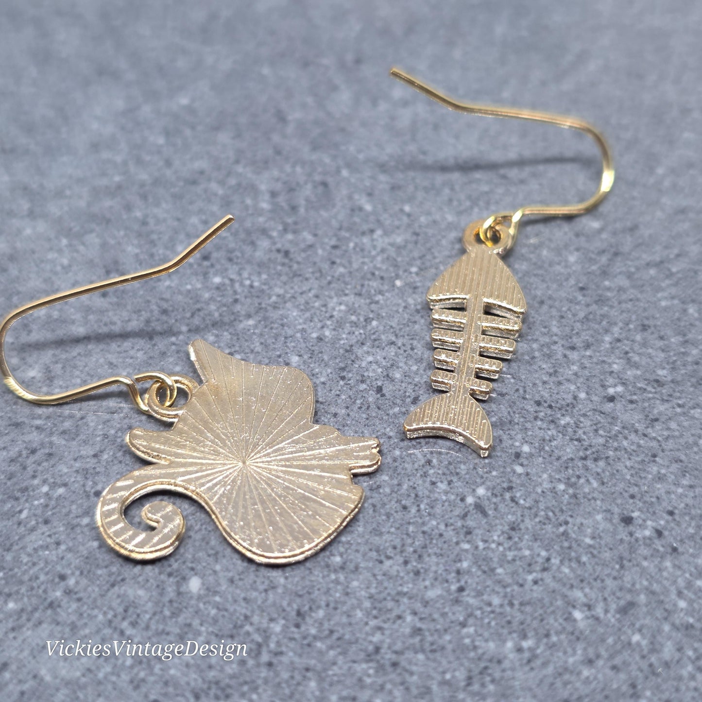 Cat and Fish Bone Earrings with a Choice of Ear Wires