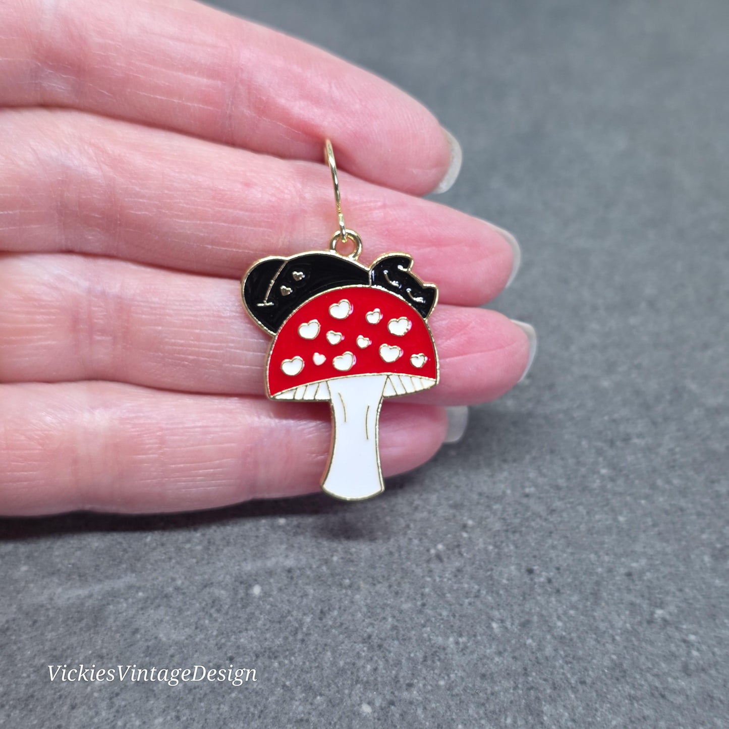 Black Cat Earrings: Red Mushrooms with a Choice of Ear Wire