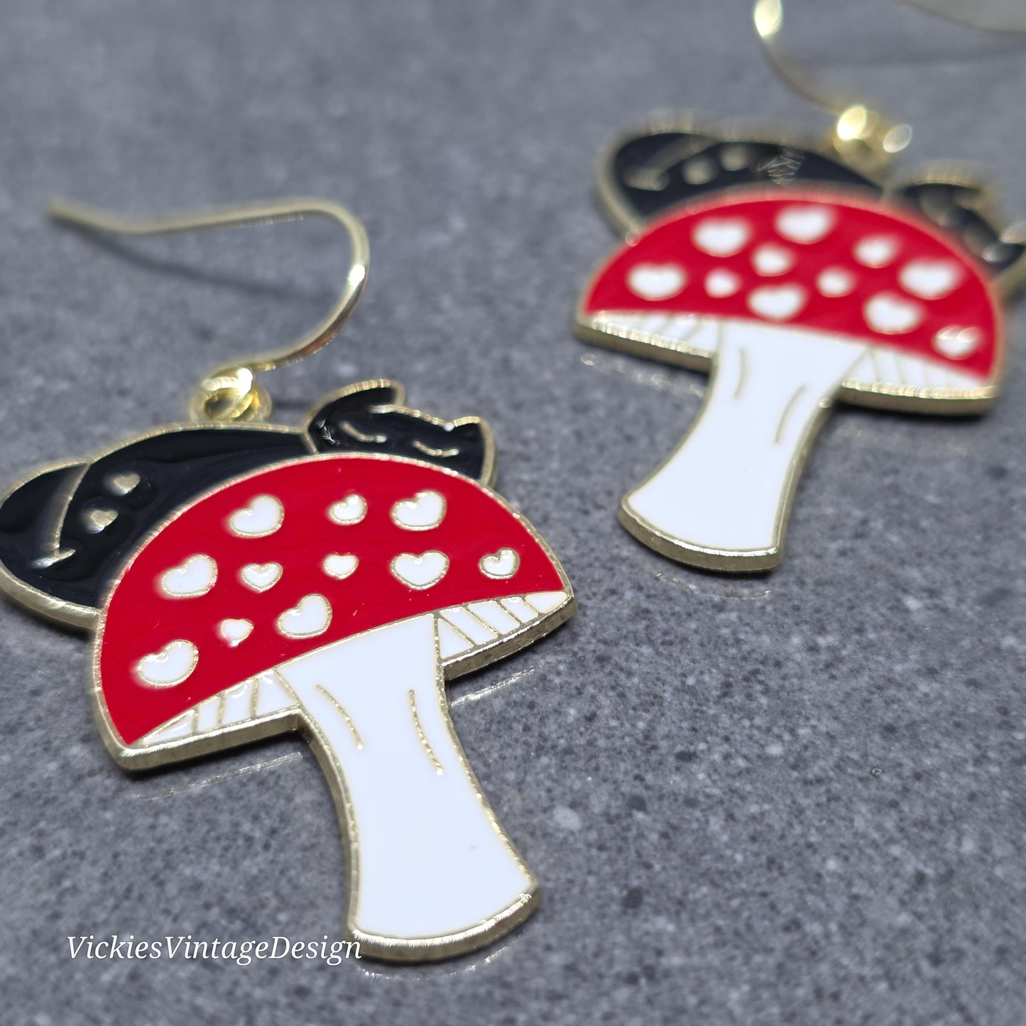 Black Cat Earrings: Red Mushrooms with a Choice of Ear Wire