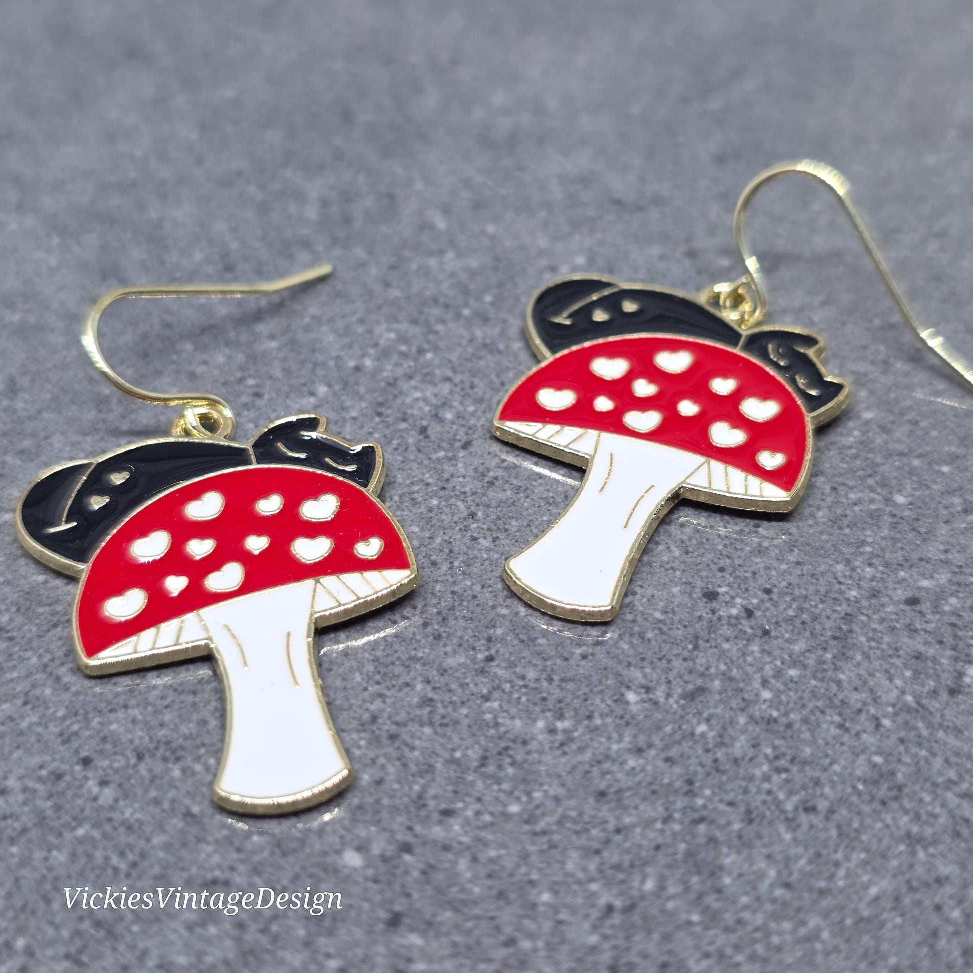 Black Cat Earrings: Red Mushrooms with a Choice of Ear Wire