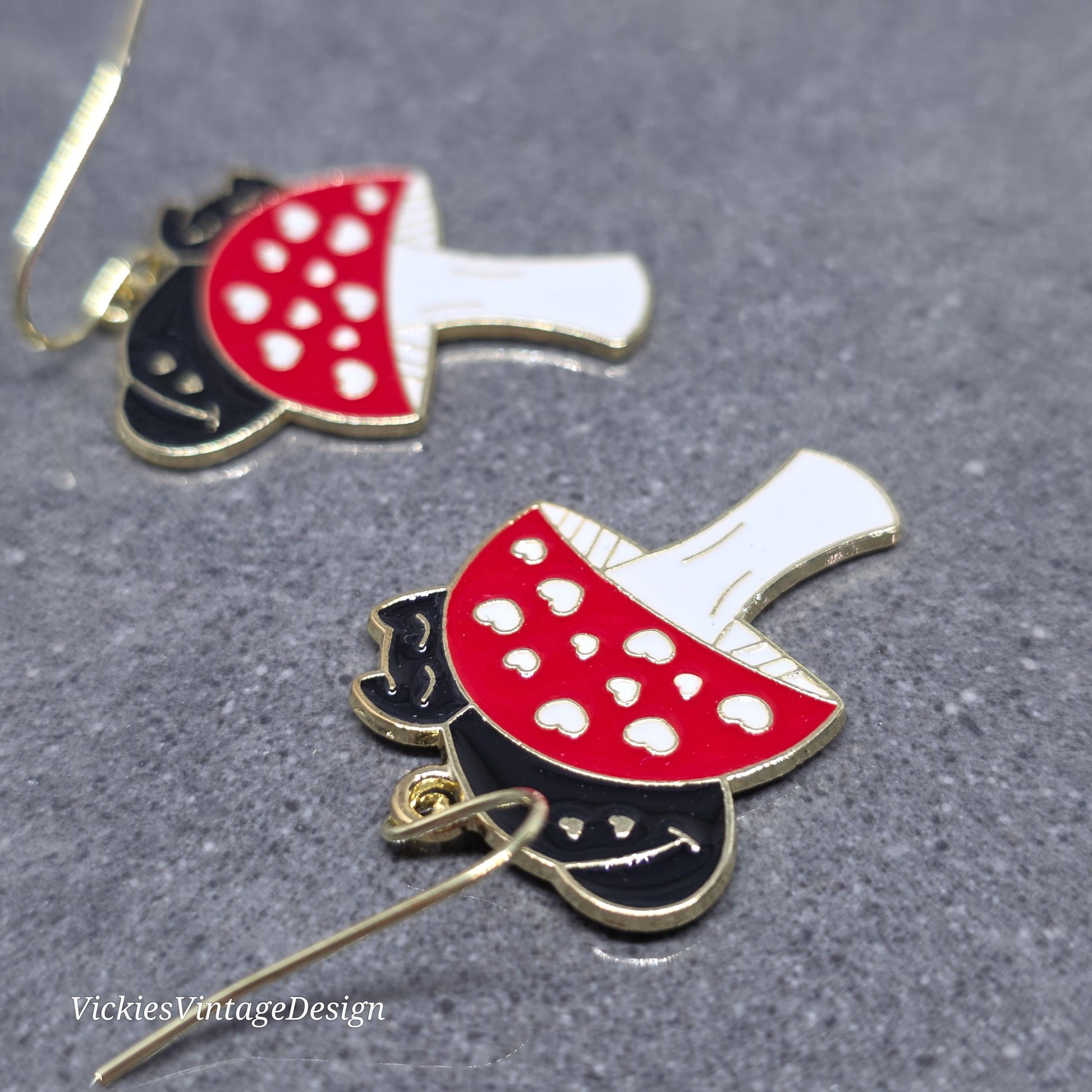 Black Cat Earrings: Red Mushrooms with a Choice of Ear Wire