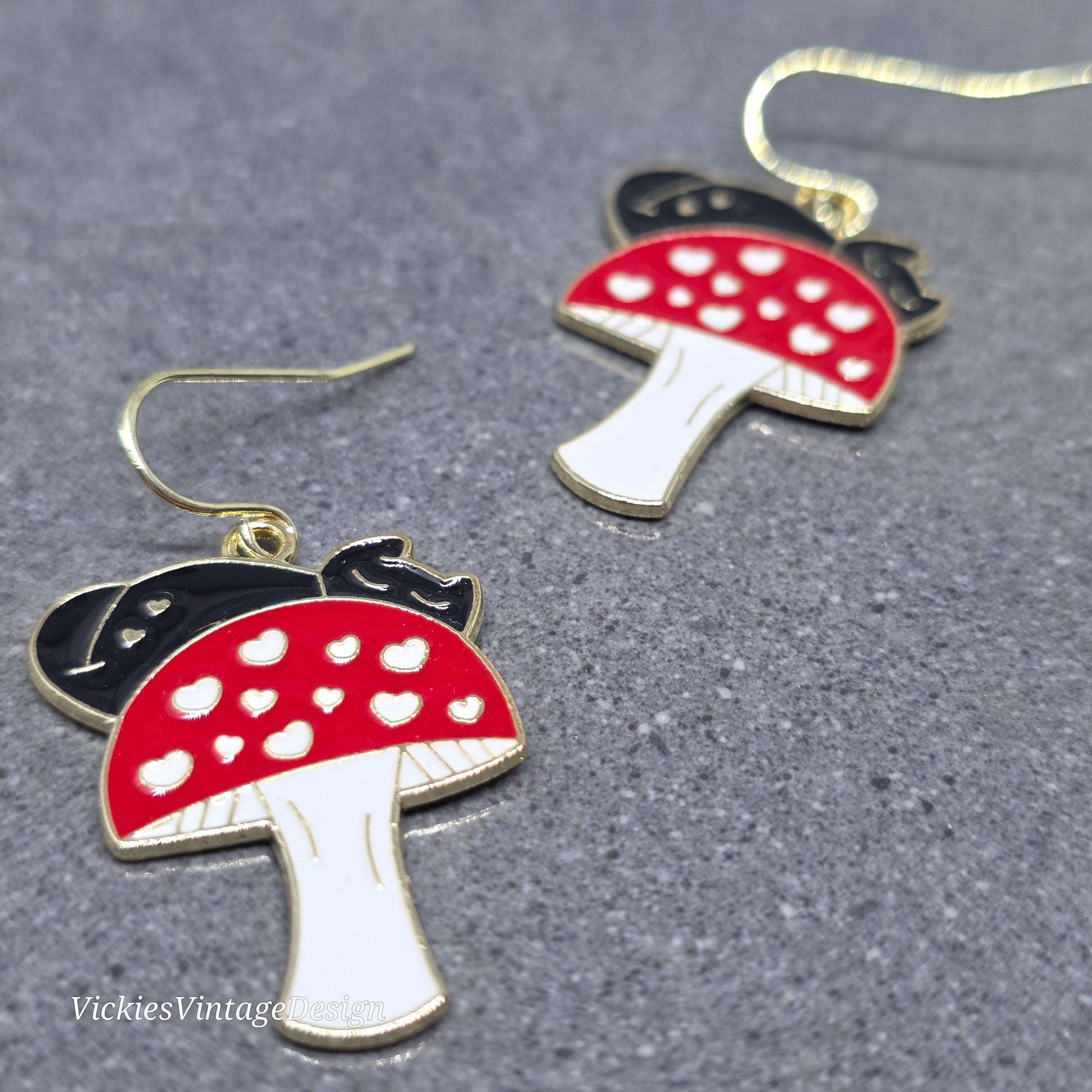 Black Cat Earrings: Red Mushrooms with a Choice of Ear Wire