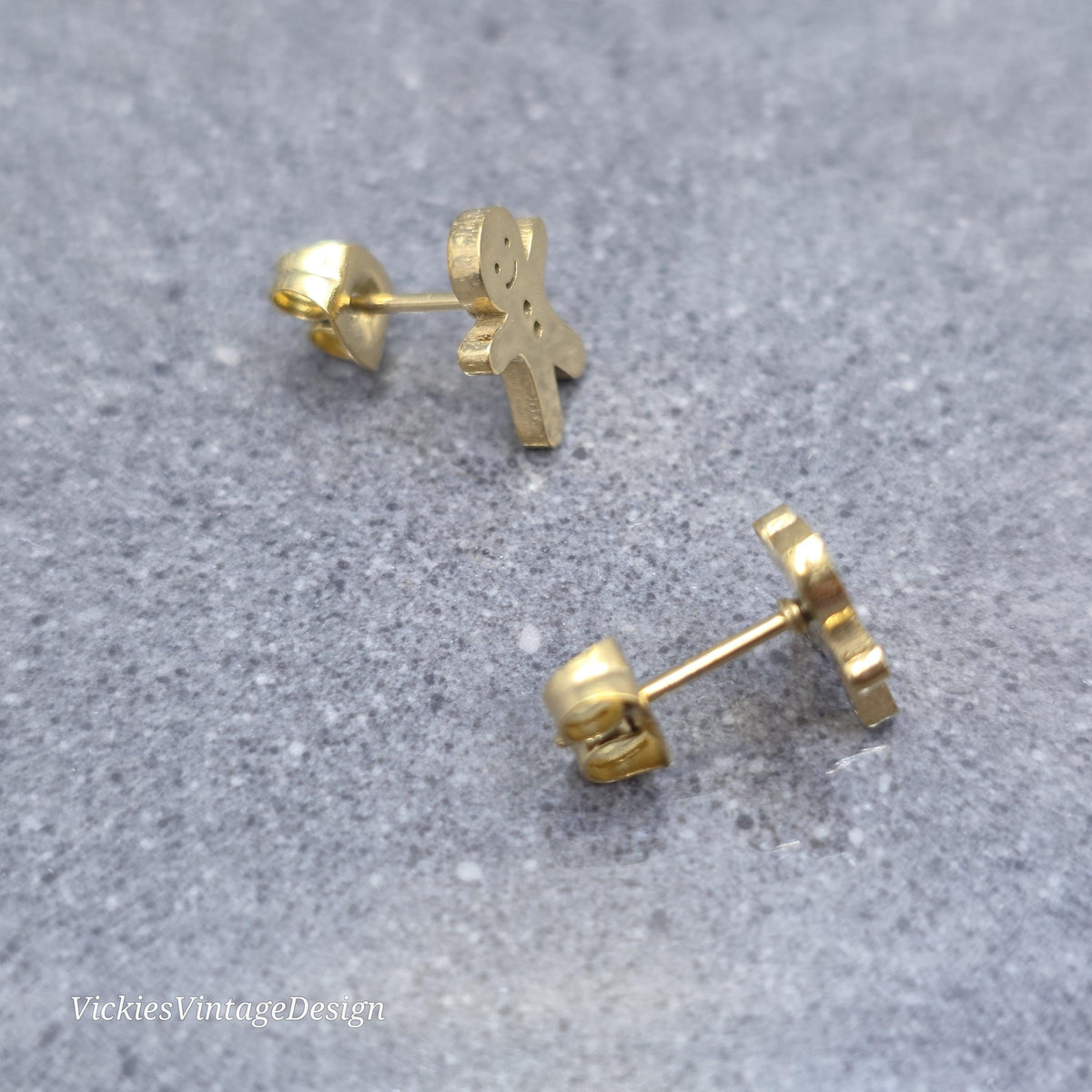 Gingerbread Men Earrings, Stainless Steel Ear Studs, Hypoallergenic Gold Plated