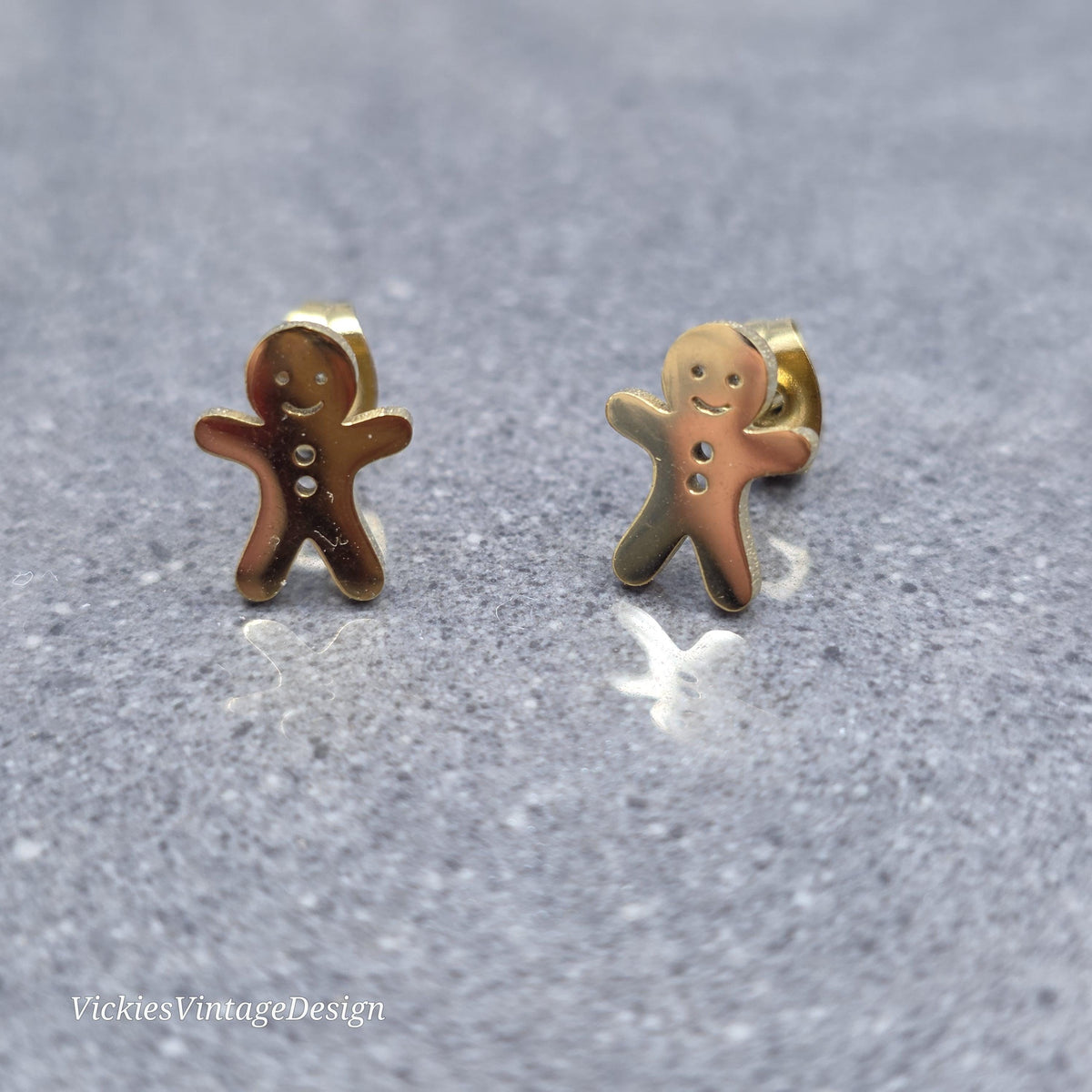 Gingerbread Men Earrings, Stainless Steel Ear Studs, Hypoallergenic Gold Plated