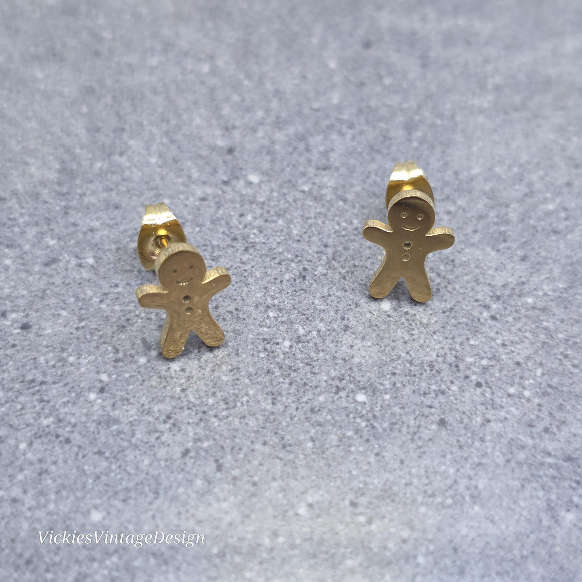 Gingerbread Men Earrings, Stainless Steel Ear Studs, Hypoallergenic Gold Plated