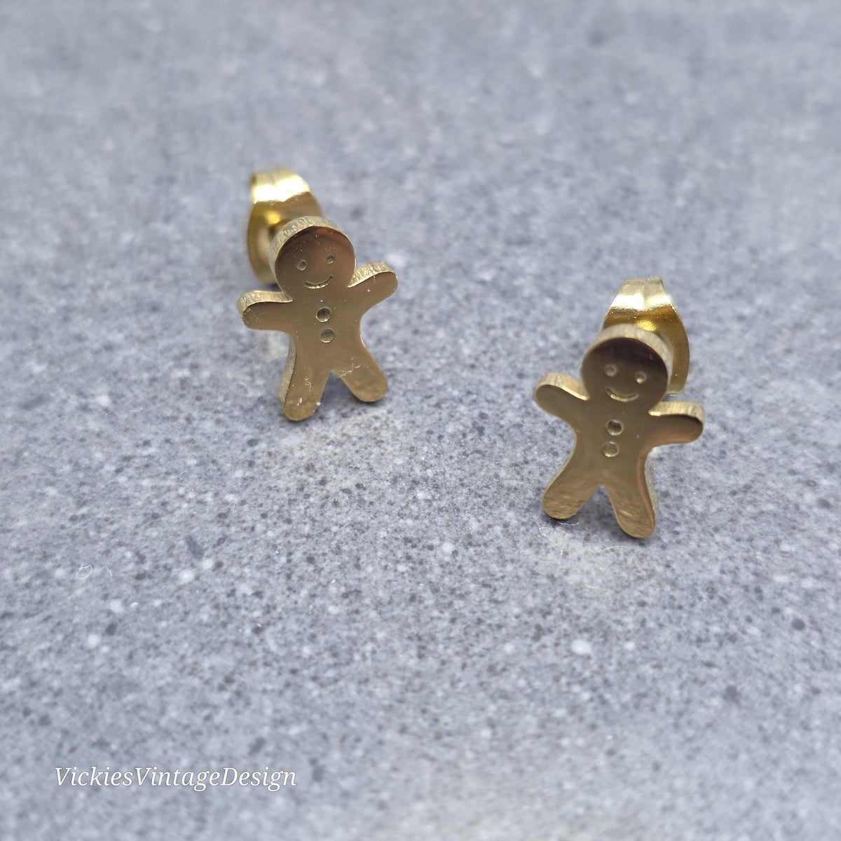 Gingerbread Men Earrings, Stainless Steel Ear Studs, Hypoallergenic Gold Plated
