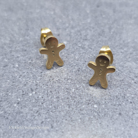 Gingerbread Men Earrings, Stainless Steel Ear Studs, Hypoallergenic Gold Plated