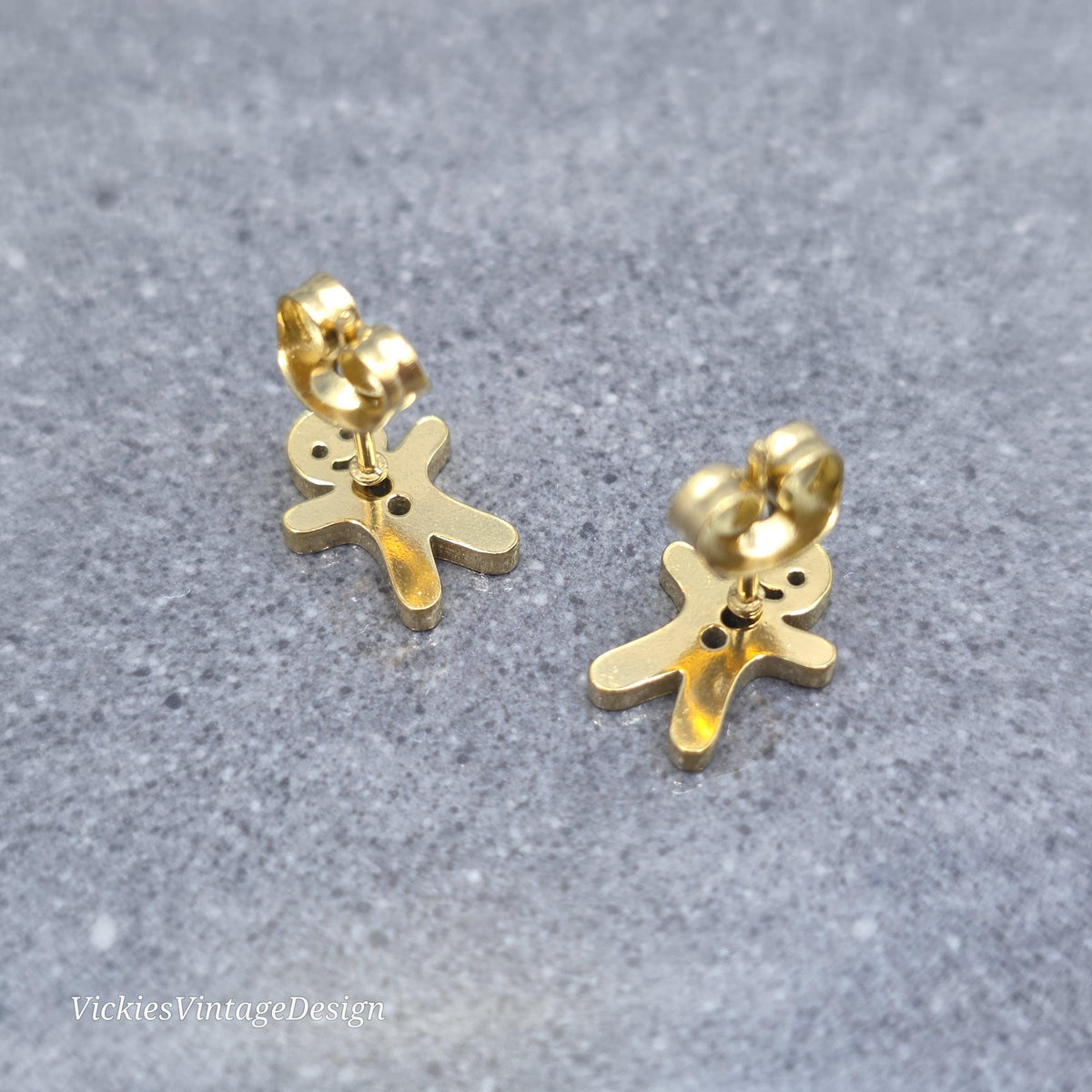 Gingerbread Men Earrings, Stainless Steel Ear Studs, Hypoallergenic Gold Plated