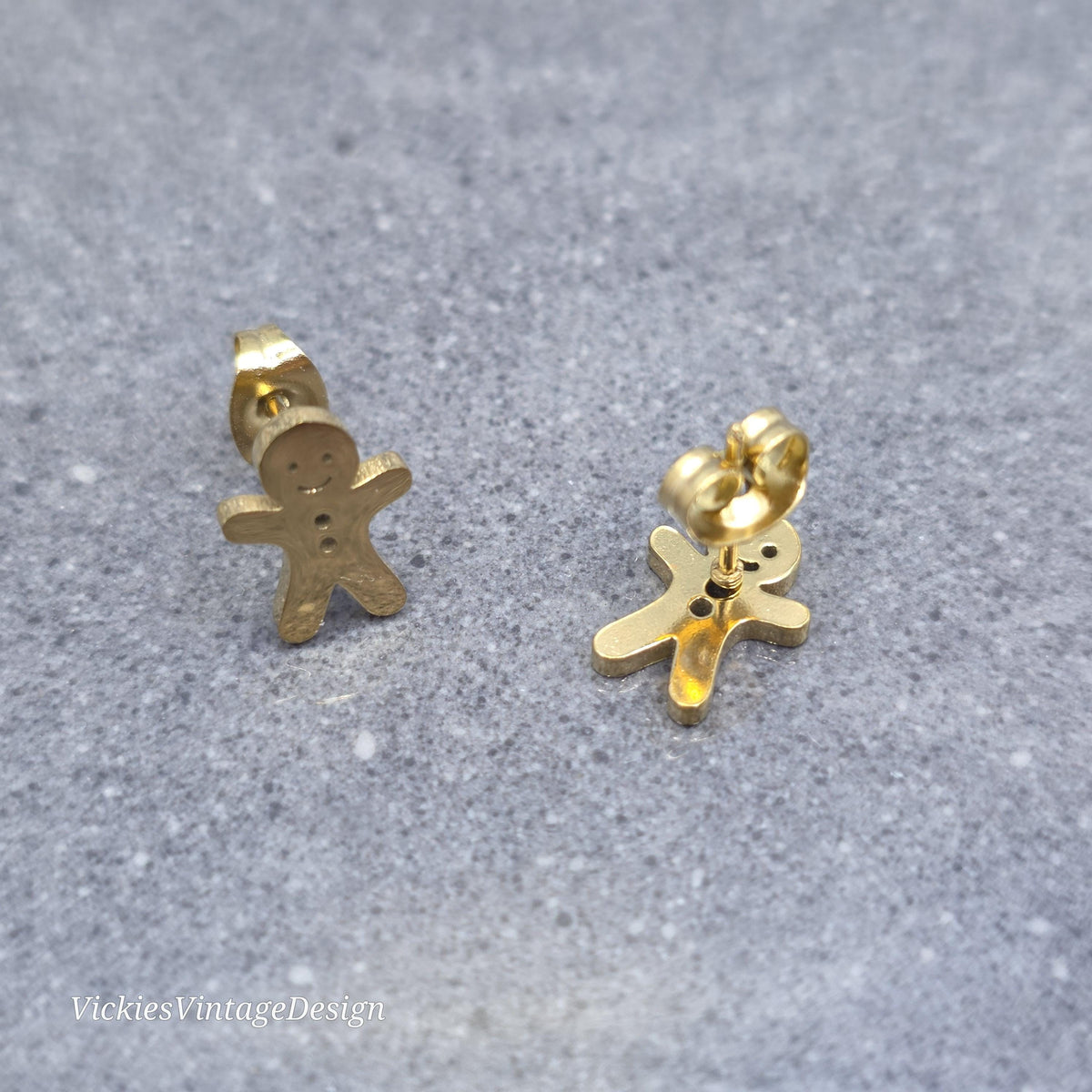Gingerbread Men Earrings, Stainless Steel Ear Studs, Hypoallergenic Gold Plated