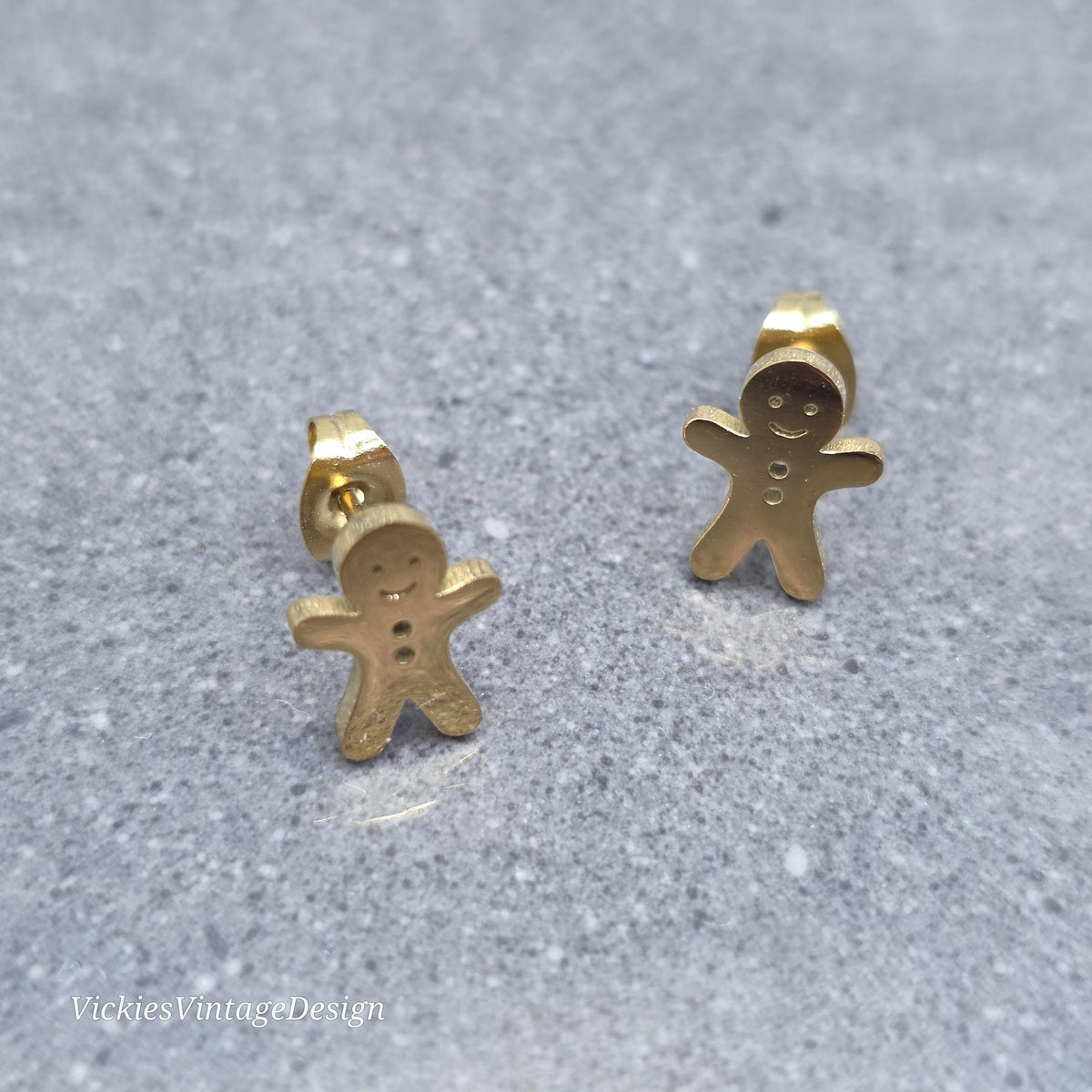Gingerbread Men Earrings, Stainless Steel Ear Studs, Hypoallergenic Gold Plated