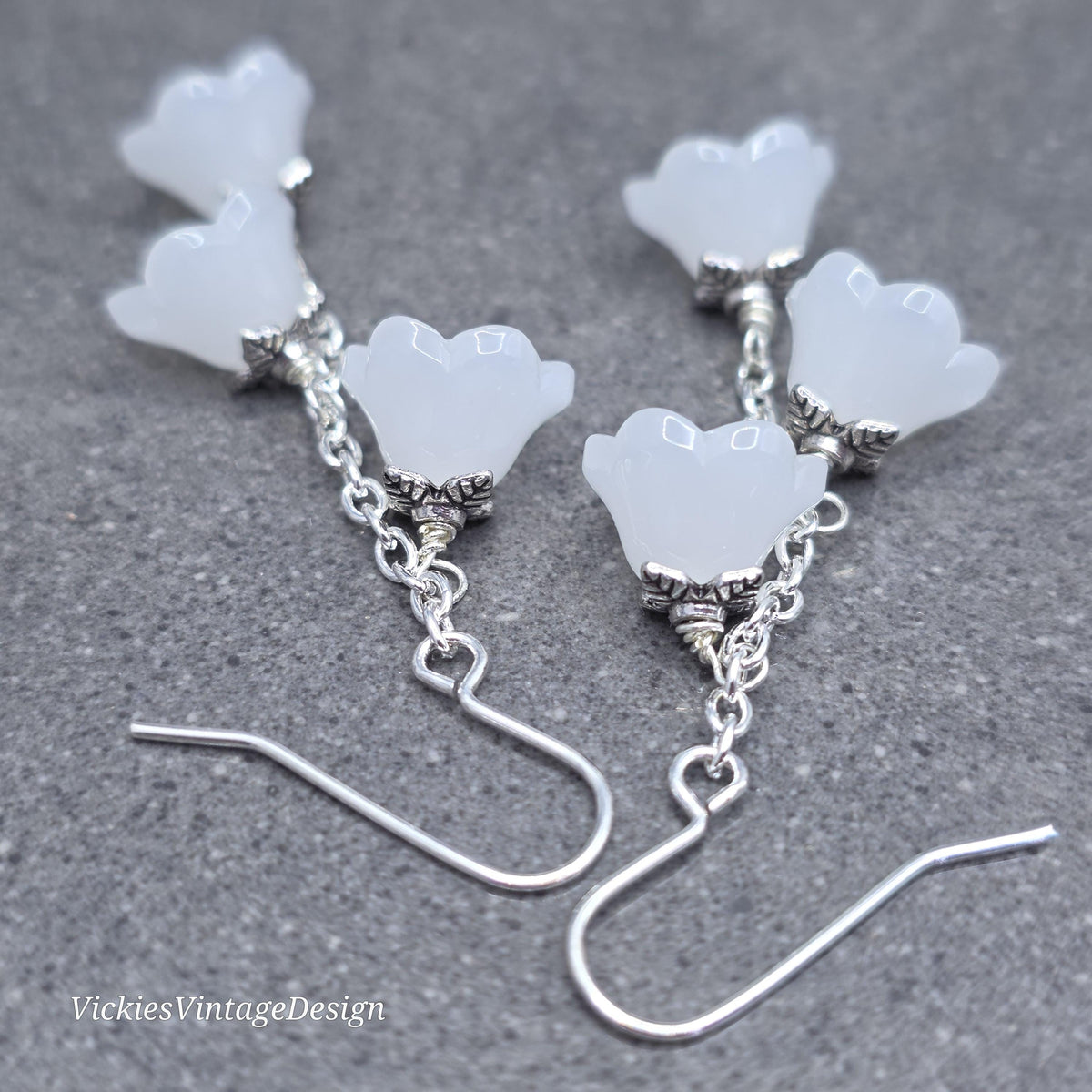 Flower Earrings, Hypoallergenic Ear Wires, white Earrings, Boho Jewelry, Glass Jewelry, Simple Vintage Earrings