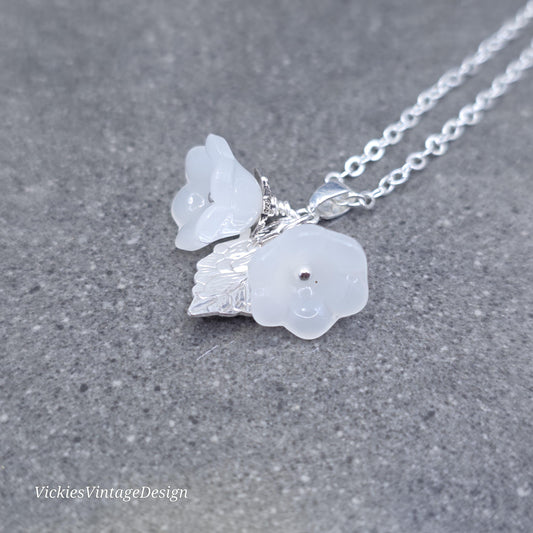 Flower Necklace, Glass Flowers, White Bellflower, Special Occasion Earrings, Flower Earrings, Matching Earrings Available