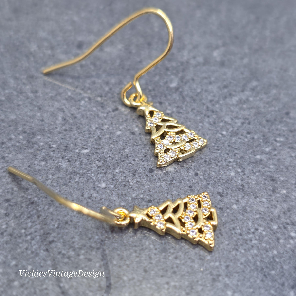 Christmas Tree Earrings, Micro Pave Clear Cubic Zirconia