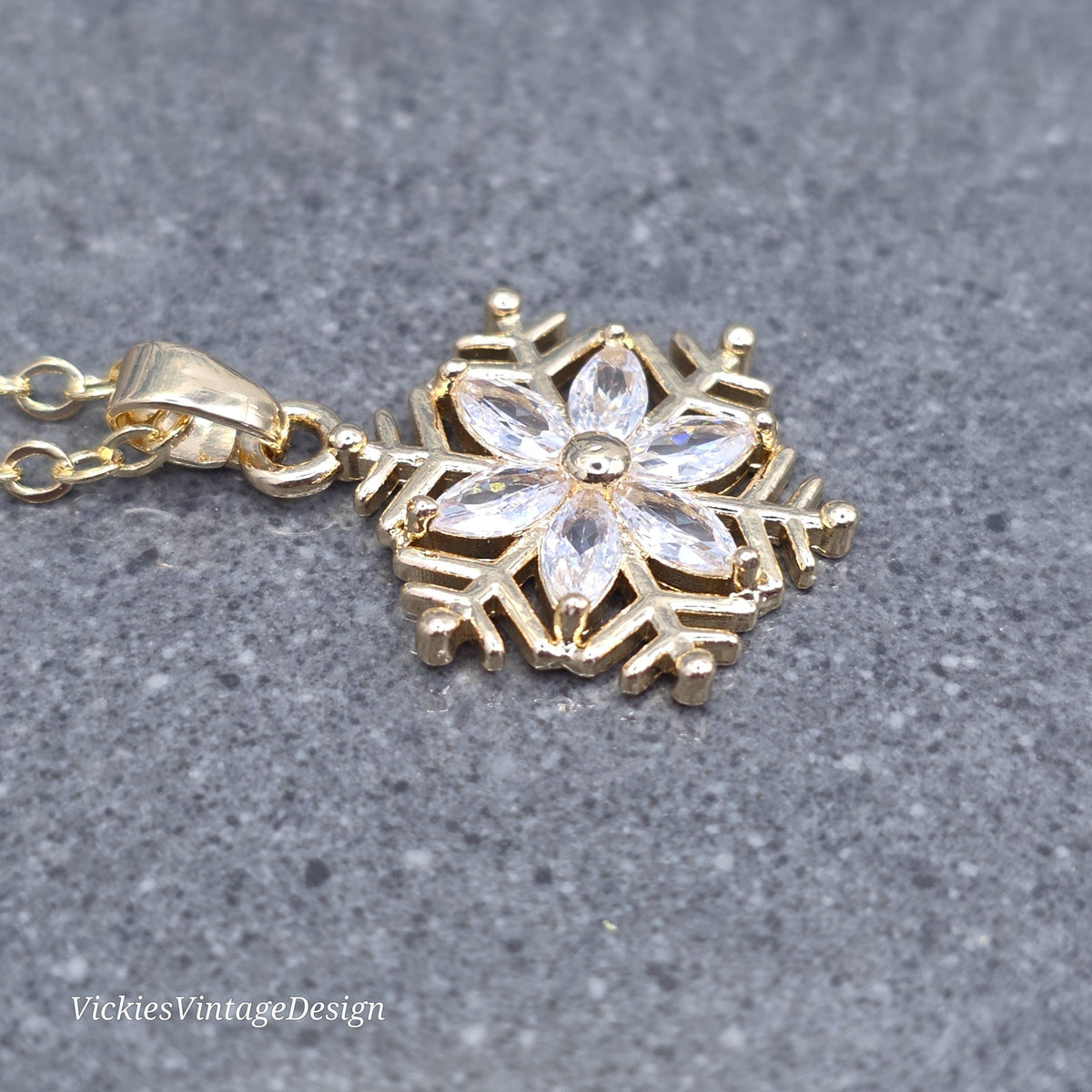 Crystal Clear Snowflake Necklace, Gold Snowflake Jewelry