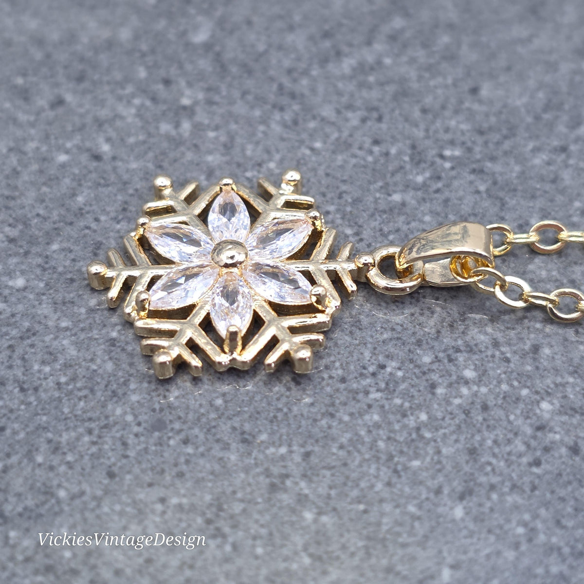 Crystal Clear Snowflake Necklace, Gold Snowflake Jewelry