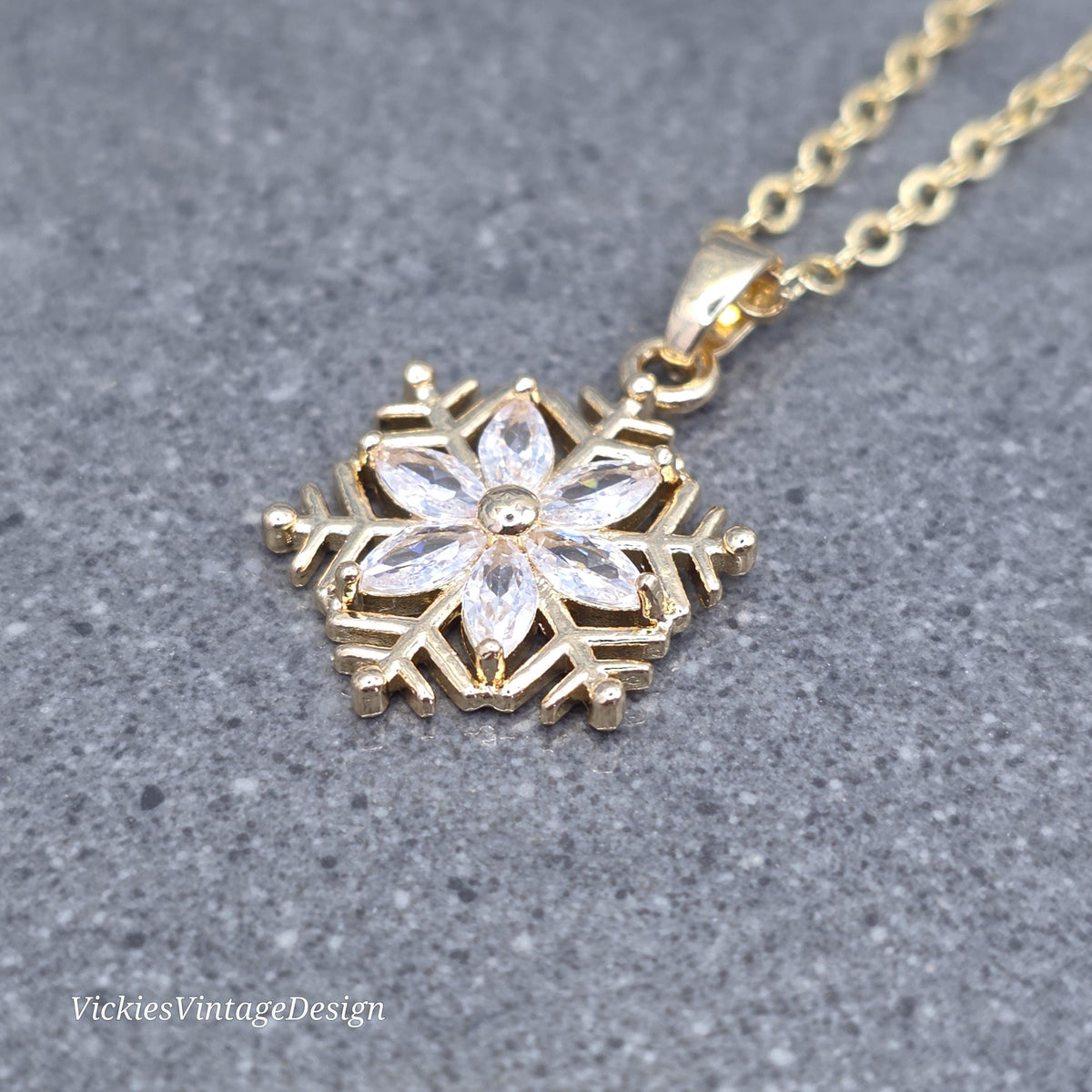 Crystal Clear Snowflake Necklace, Gold Snowflake Jewelry