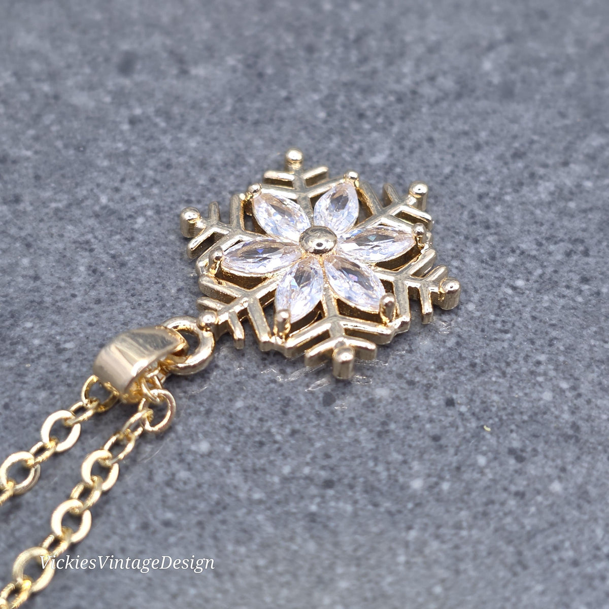 Crystal Clear Snowflake Necklace, Gold Snowflake Jewelry