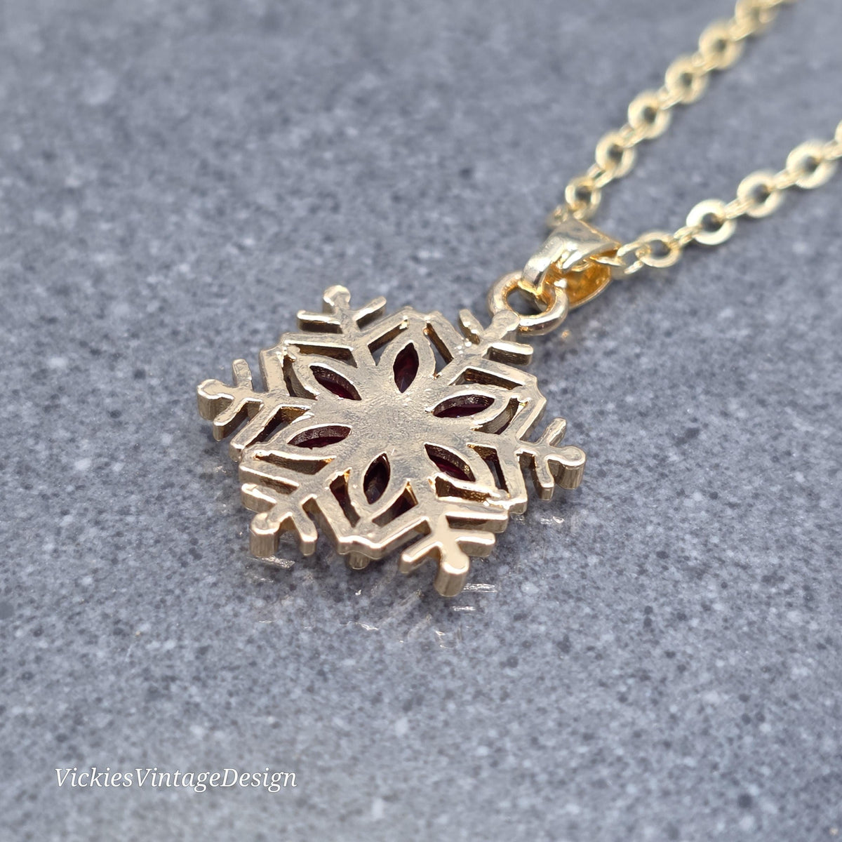 Red Snowflake Necklace, Gold Snowflake Jewelry