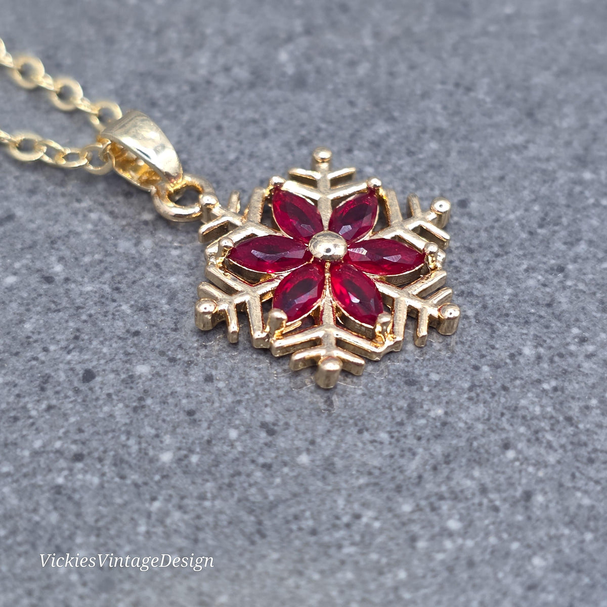 Red Snowflake Necklace, Gold Snowflake Jewelry