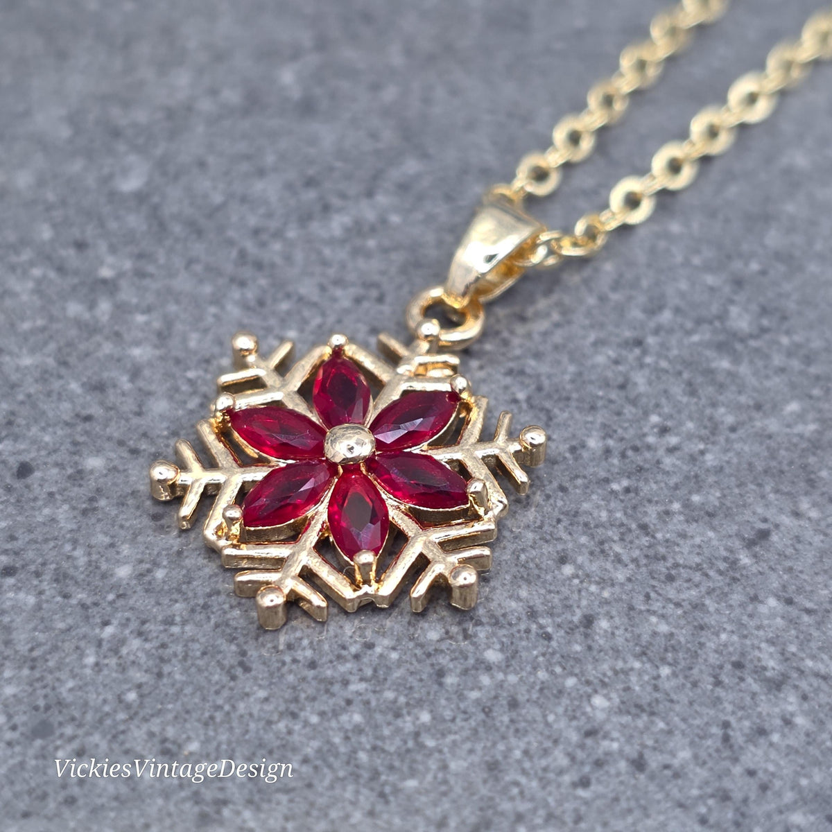 Red Snowflake Necklace, Gold Snowflake Jewelry