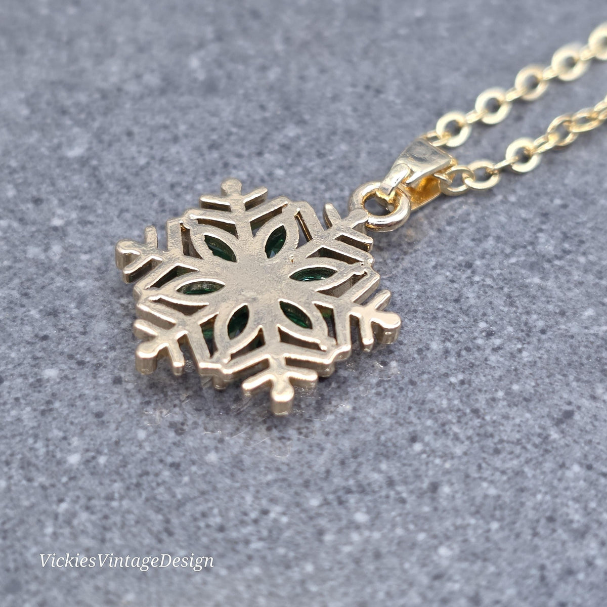 Green Snowflake Necklace, Gold Snowflake Jewelry