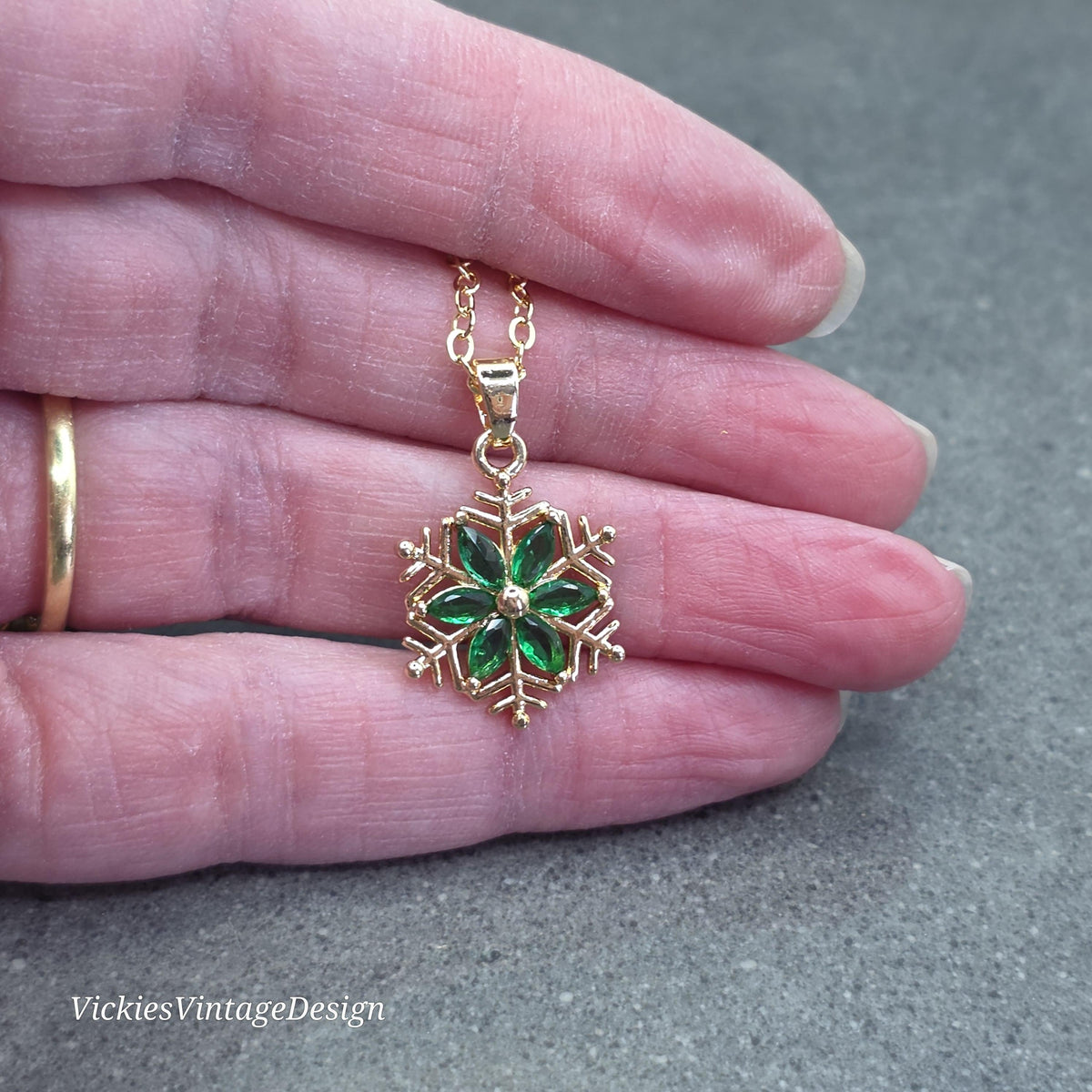 Green Snowflake Necklace, Gold Snowflake Jewelry