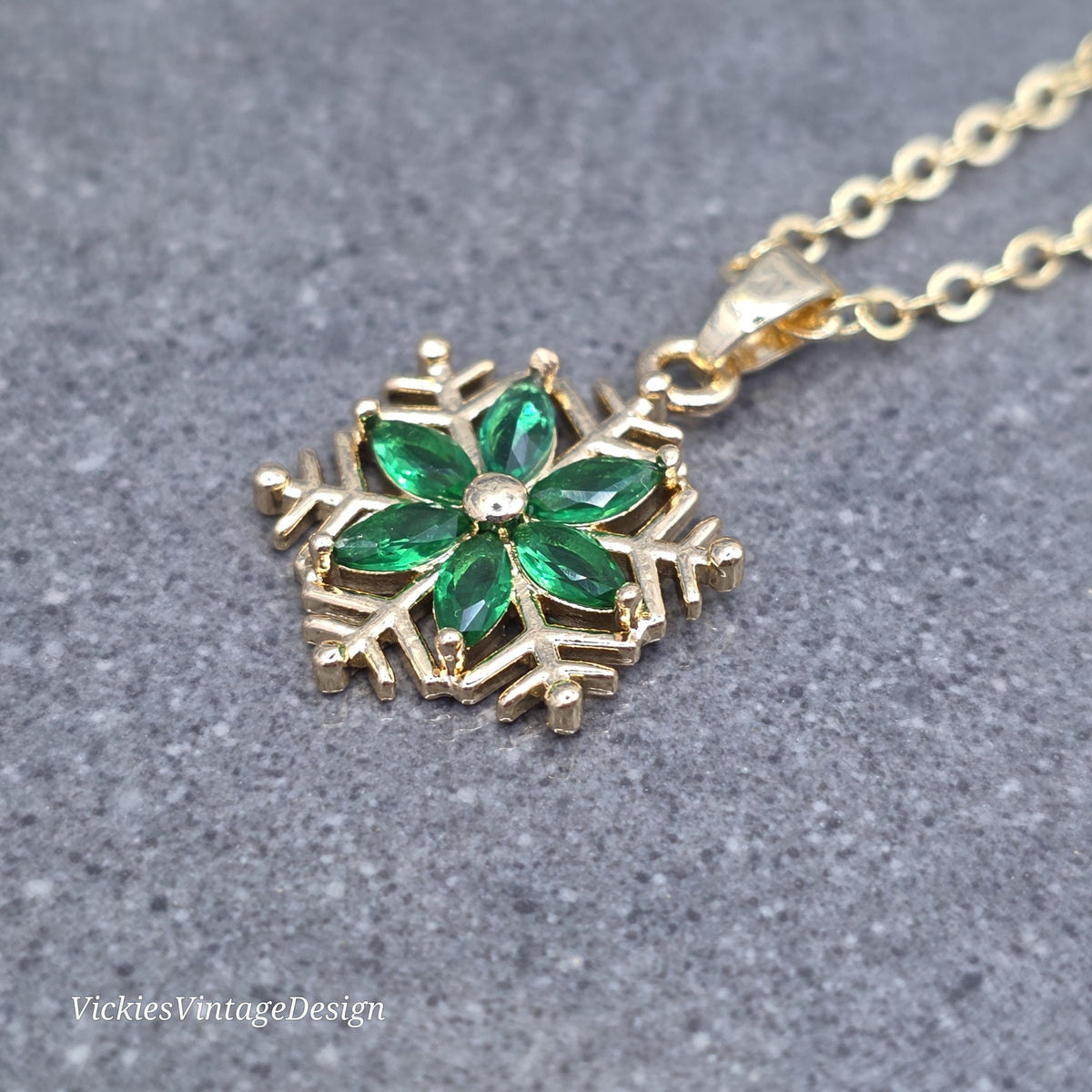 Green Snowflake Necklace, Gold Snowflake Jewelry