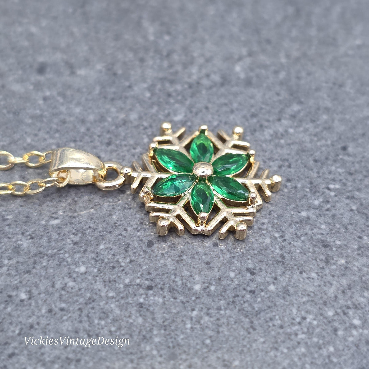 Green Snowflake Necklace, Gold Snowflake Jewelry