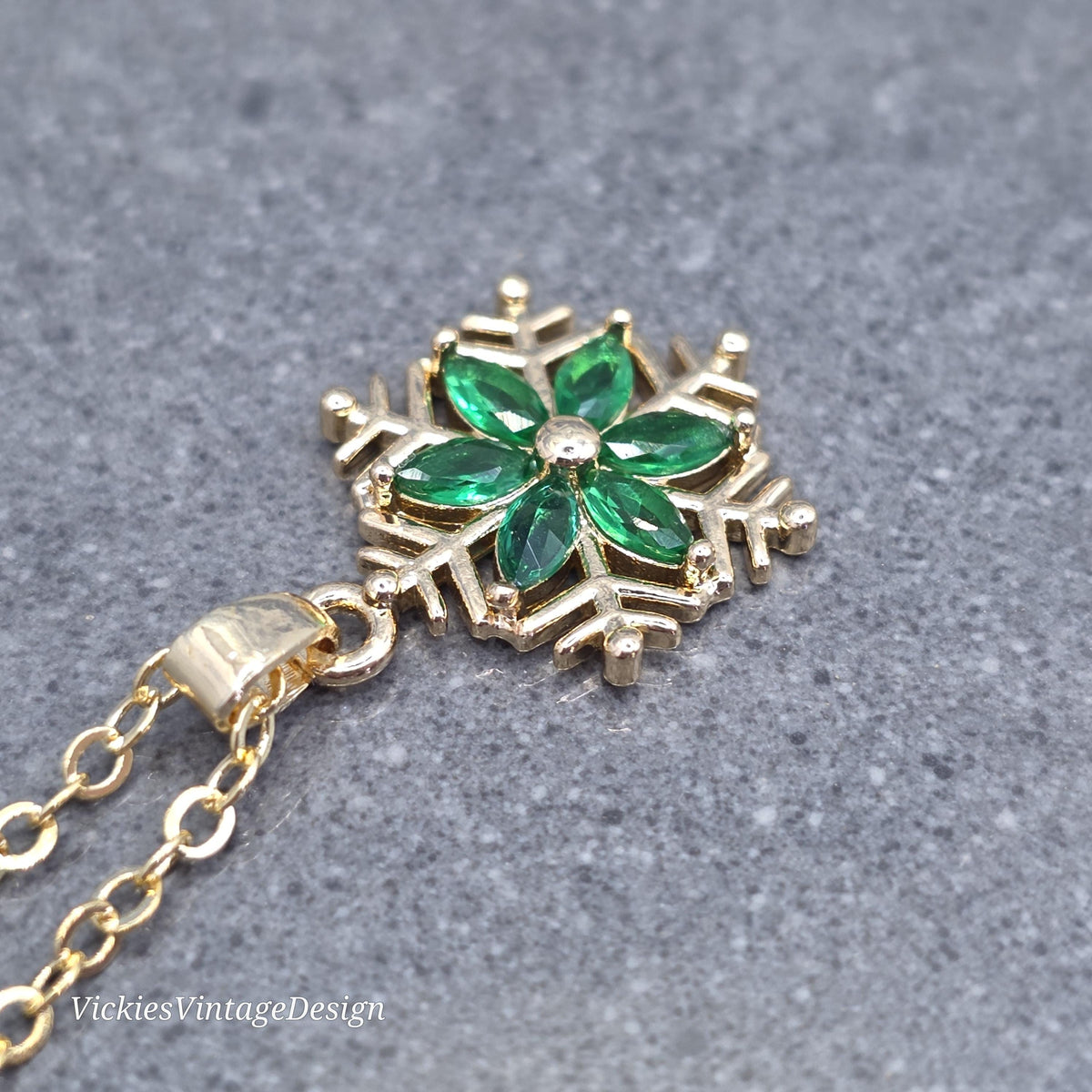 Green Snowflake Necklace, Gold Snowflake Jewelry