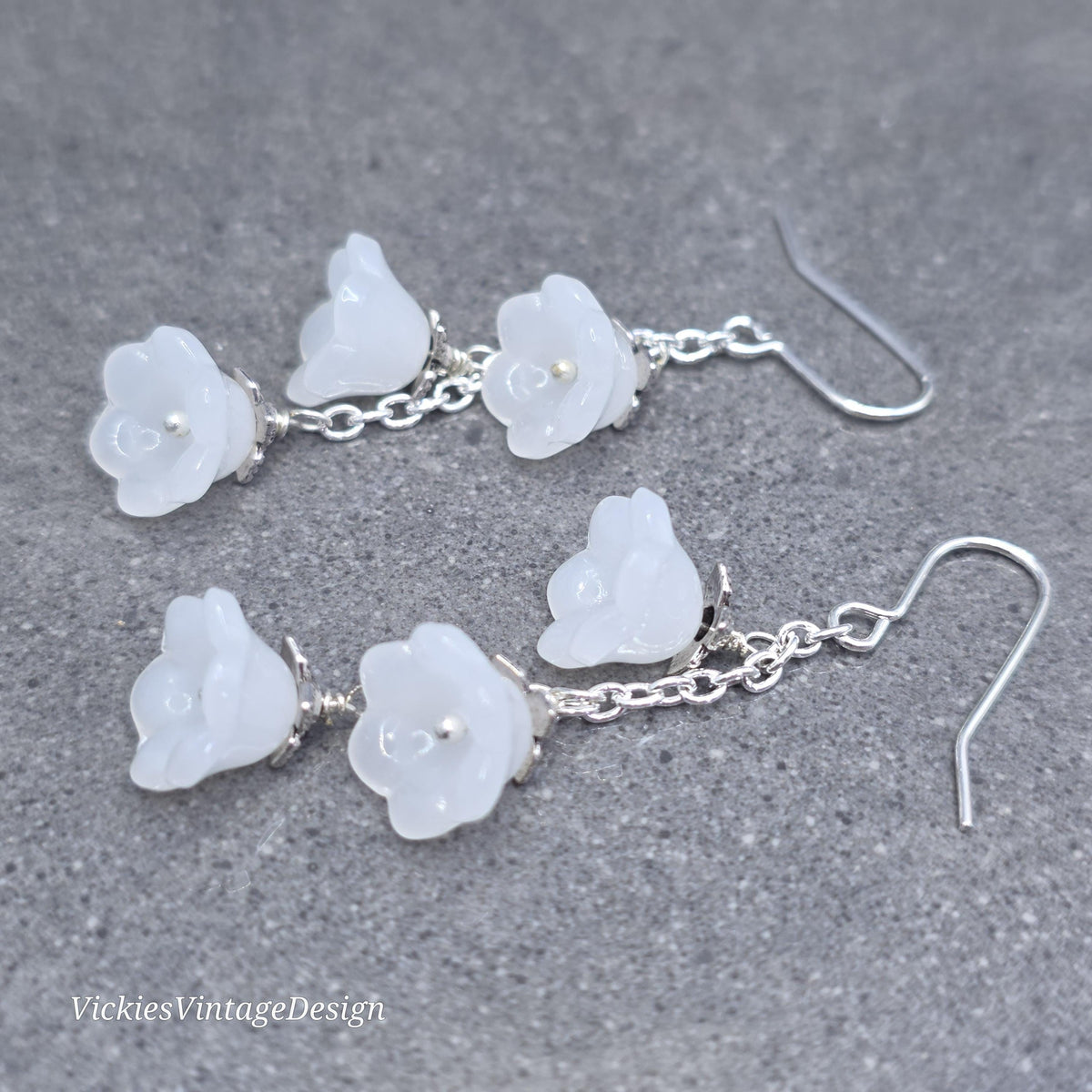 Flower Earrings, Hypoallergenic Ear Wires, white Earrings, Boho Jewelry, Glass Jewelry, Simple Vintage Earrings