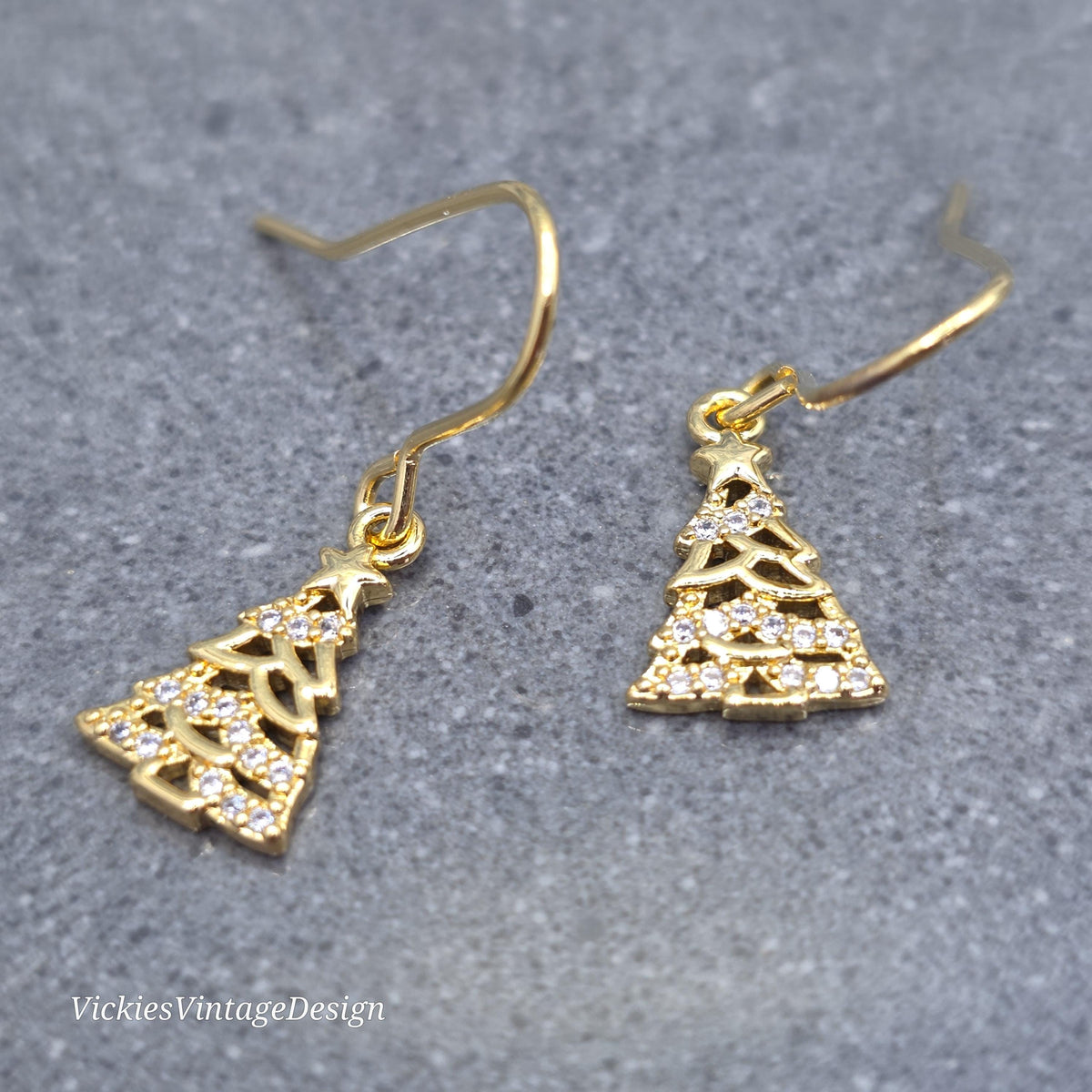 Christmas Tree Earrings, Micro Pave Clear Cubic Zirconia