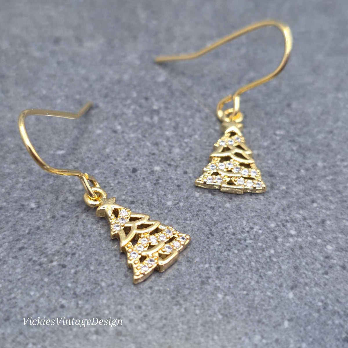 Christmas Tree Earrings, Micro Pave Clear Cubic Zirconia