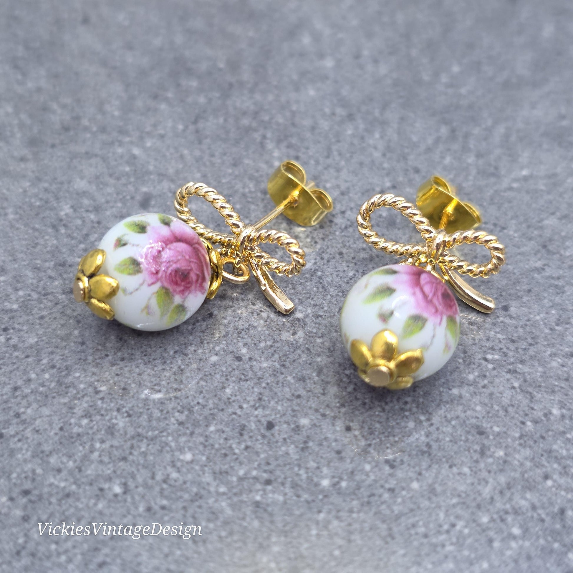 Glass Gold Rose Earrings, Glass Pearl Earrings, Brass bow studs, Pink Rose Jewellery, Vintage Style Earrings
