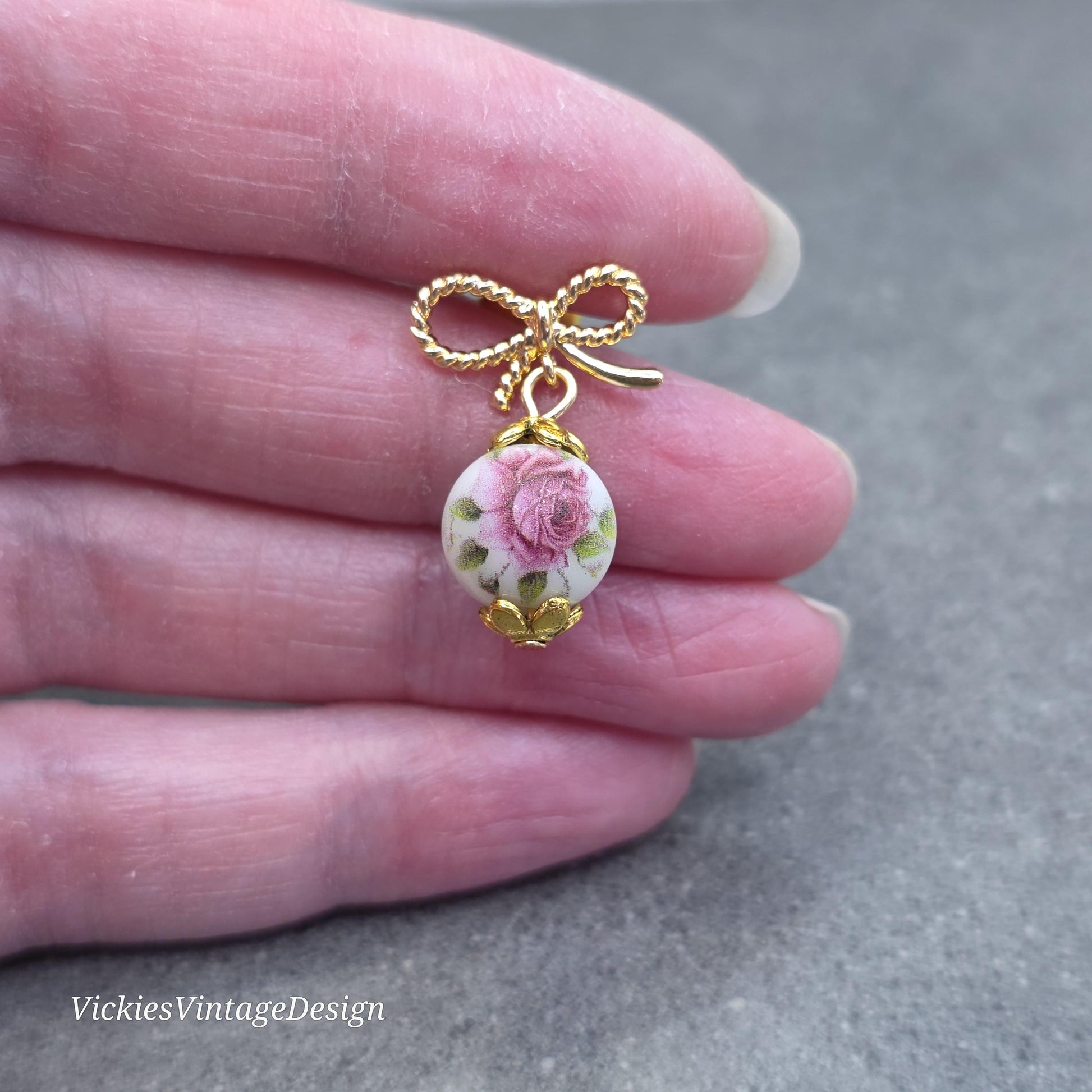 Glass Gold Rose Earrings, Glass Pearl Earrings, Brass bow studs, Pink Rose Jewellery, Vintage Style Earrings