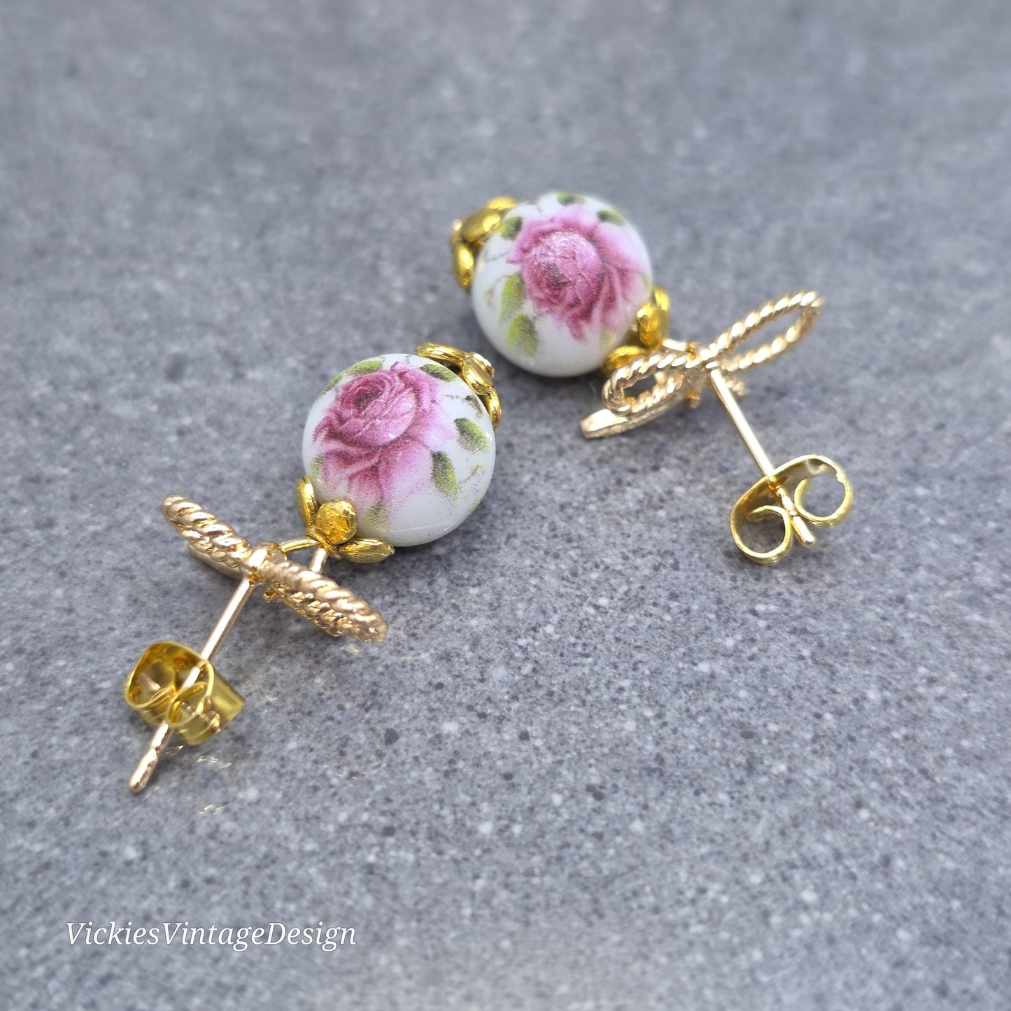 Glass Gold Rose Earrings, Glass Pearl Earrings, Brass bow studs, Pink Rose Jewellery, Vintage Style Earrings