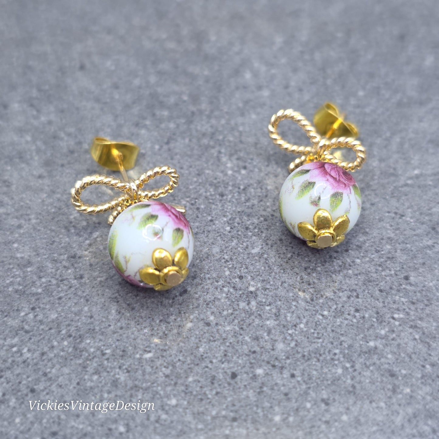 Glass Gold Rose Earrings, Glass Pearl Earrings, Brass bow studs, Pink Rose Jewellery, Vintage Style Earrings