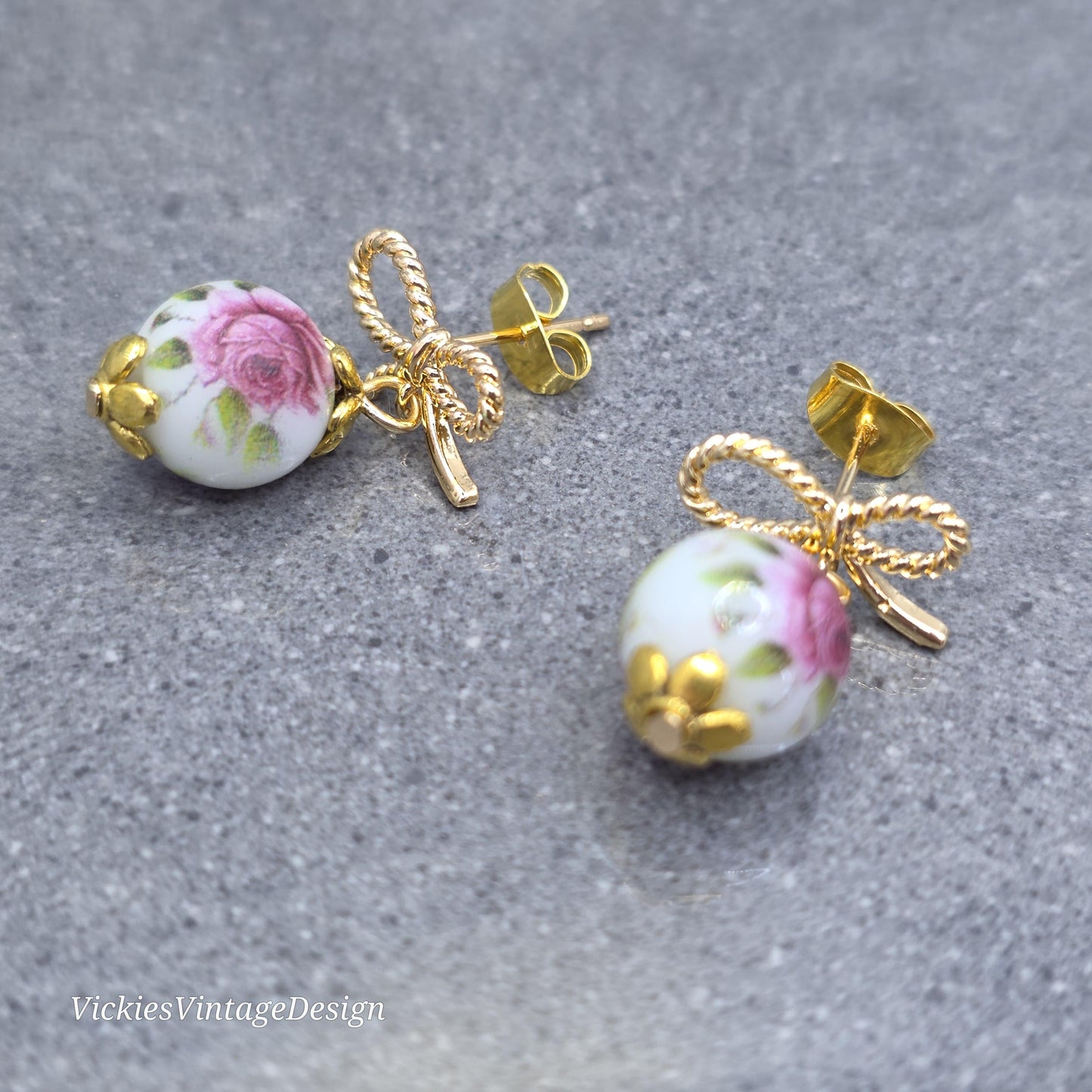 Glass Gold Rose Earrings, Glass Pearl Earrings, Brass bow studs, Pink Rose Jewellery, Vintage Style Earrings
