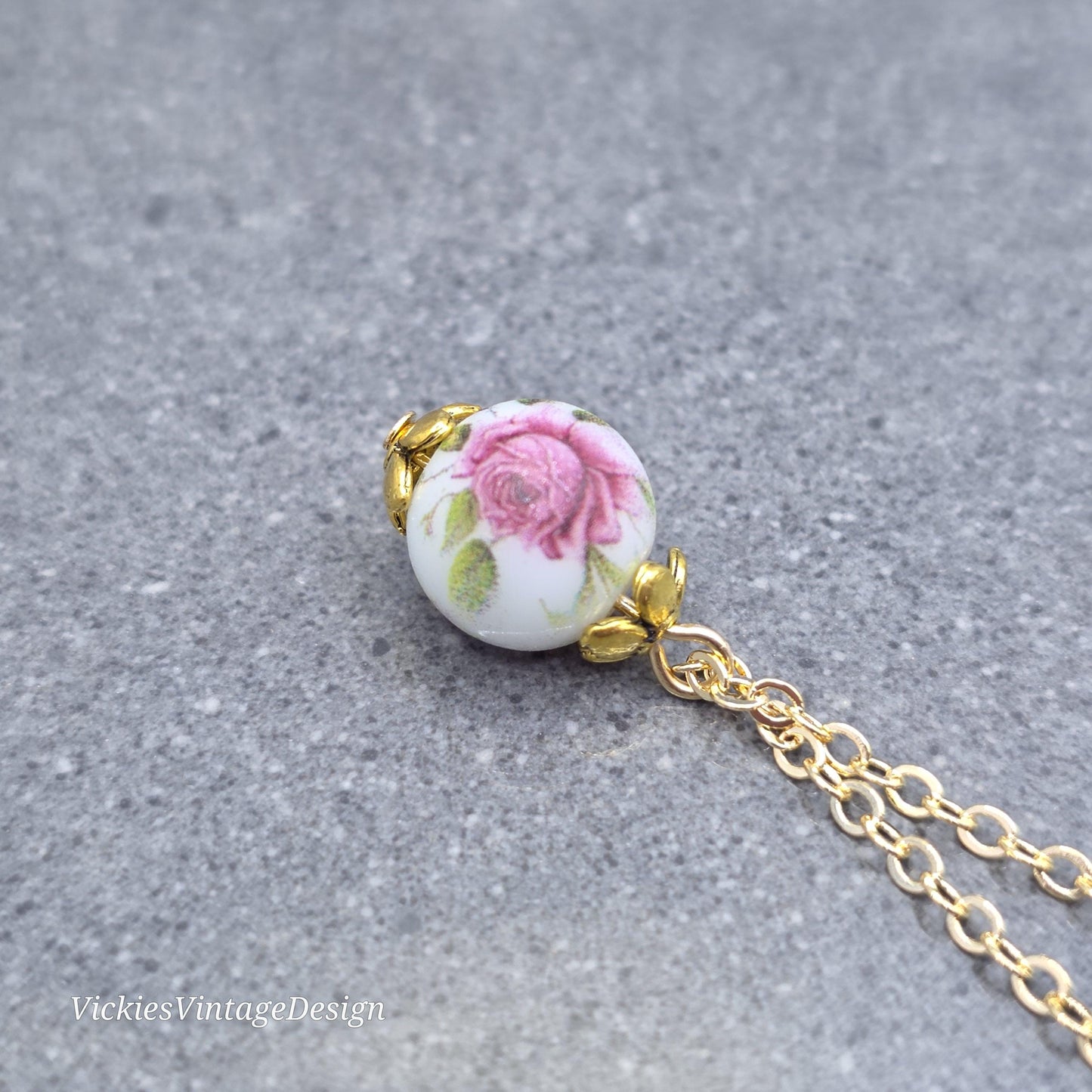 Glass Gold Rose Necklace, Glass Pearl Choker, Pearl Necklace, Pink Rose Jewellery, Vintage Style Necklace