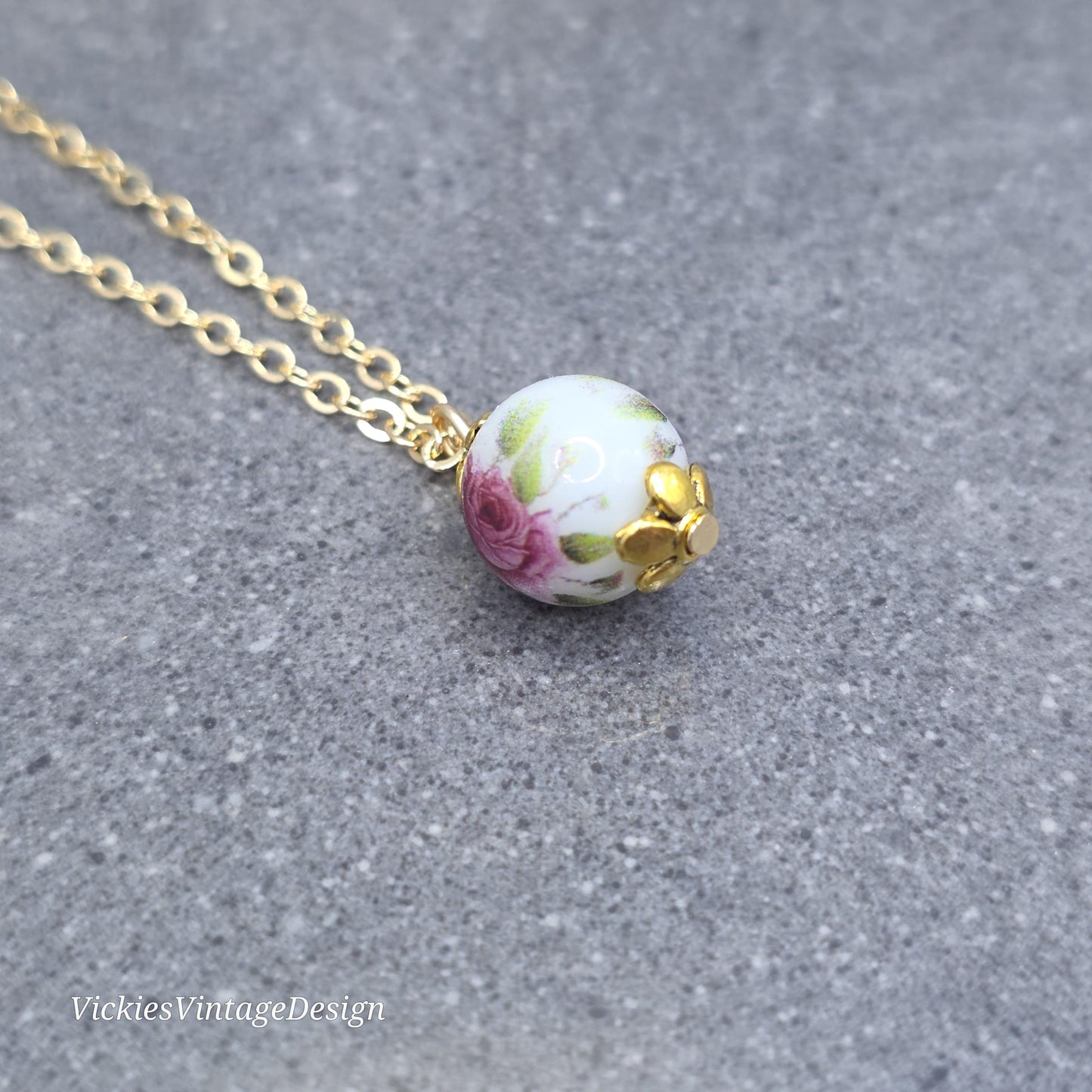 Glass Gold Rose Necklace, Glass Pearl Choker, Pearl Necklace, Pink Rose Jewellery, Vintage Style Necklace