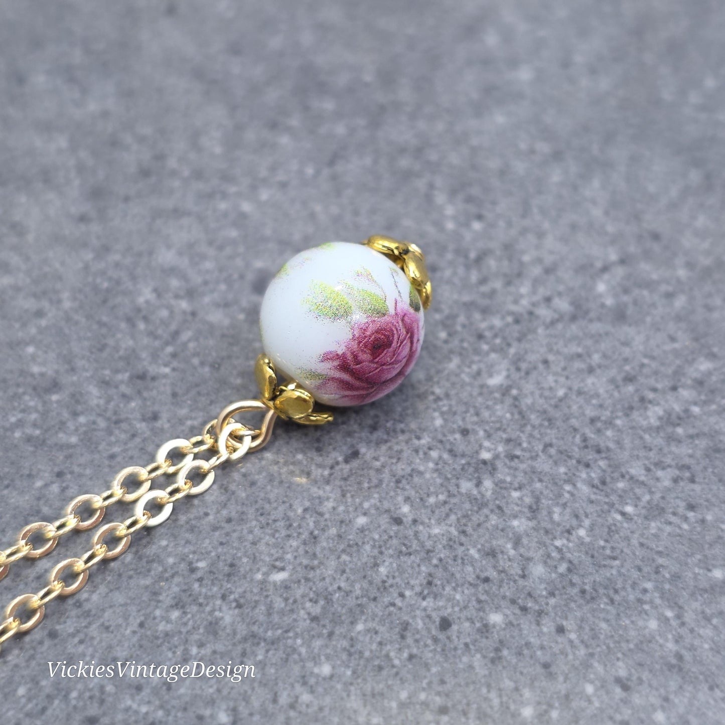 Glass Gold Rose Necklace, Glass Pearl Choker, Pearl Necklace, Pink Rose Jewellery, Vintage Style Necklace