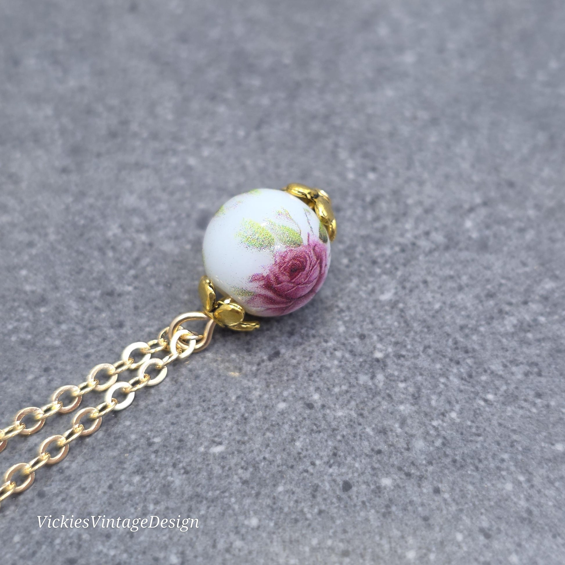 Glass Gold Rose Necklace, Glass Pearl Choker, Pearl Necklace, Pink Rose Jewellery, Vintage Style Necklace
