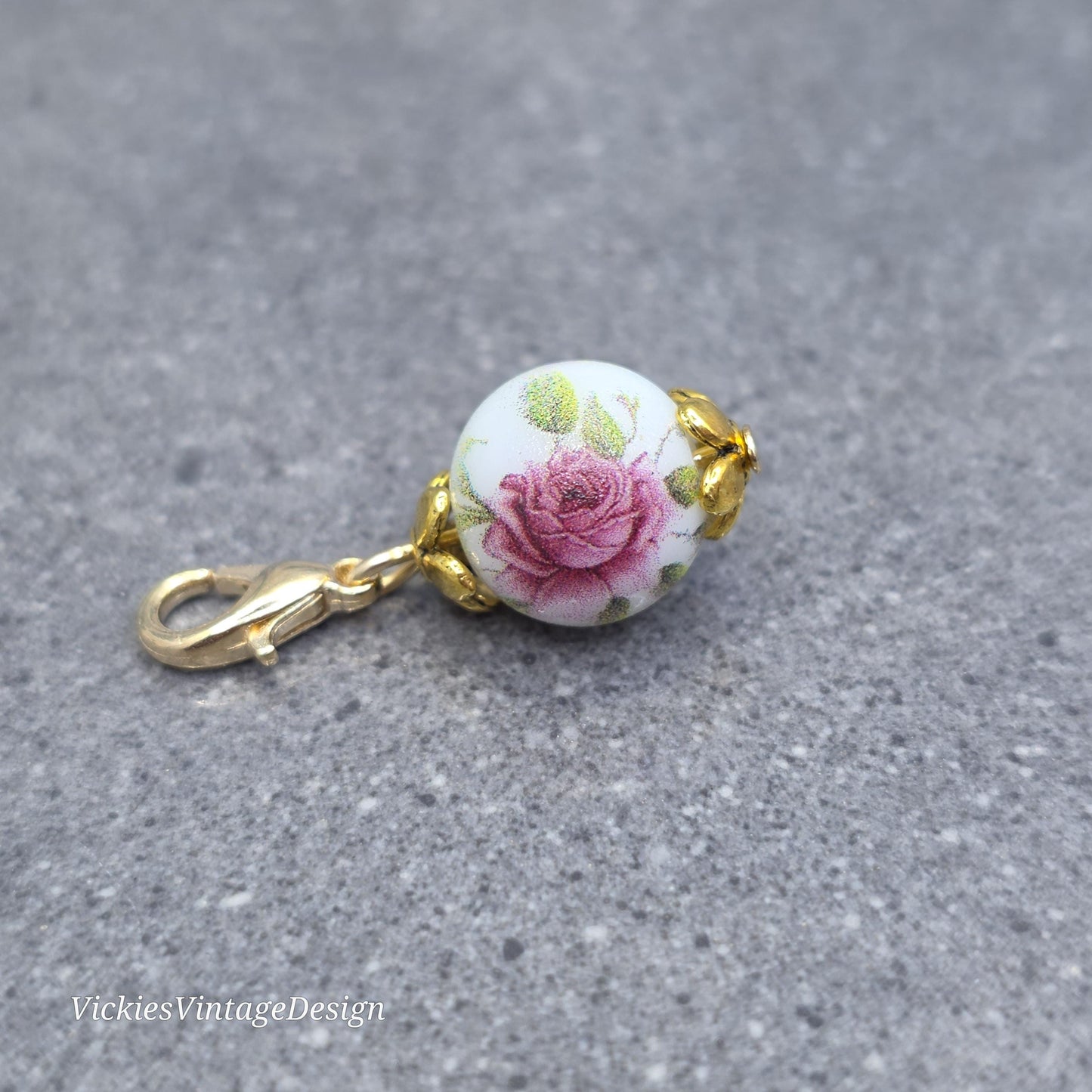 Ceramic rose Clip on Charm with Gold Lobster Clasp, Brass, Nickel Free, Stitch Marker, Zipper, Planner Charm