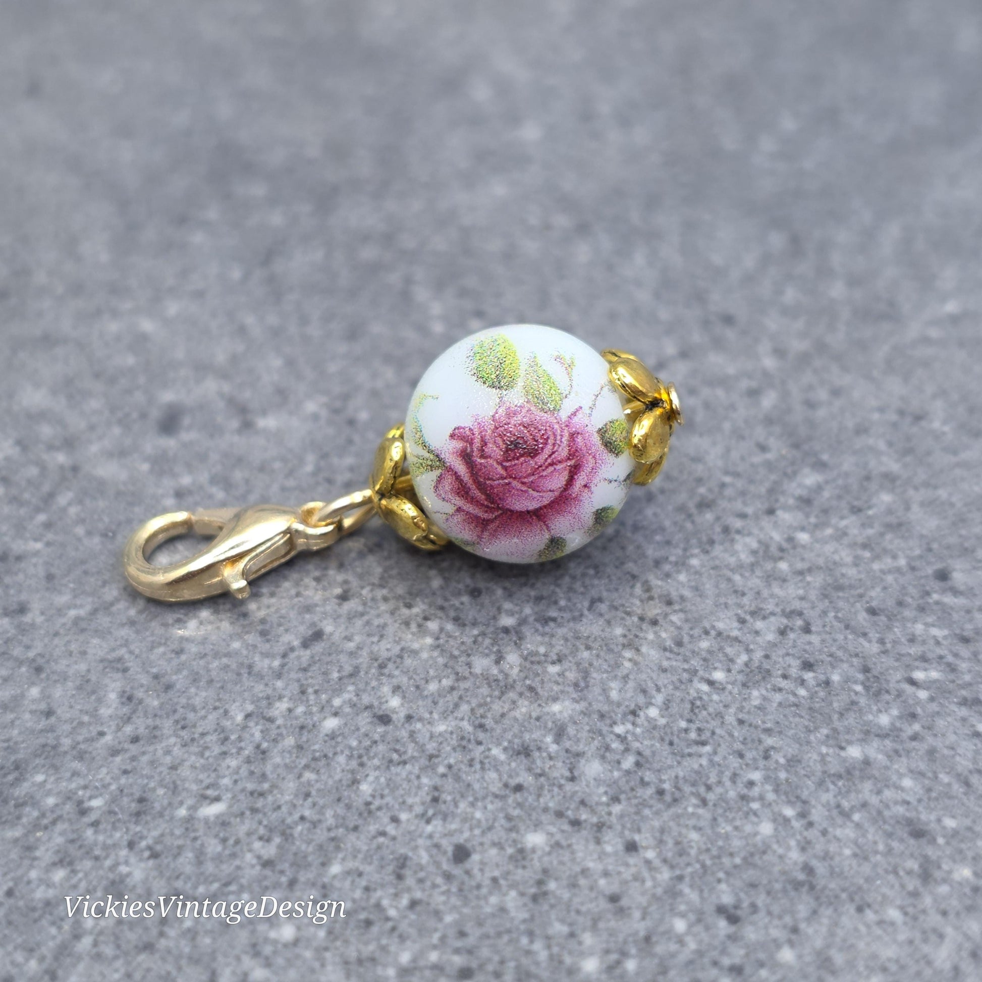 Ceramic rose Clip on Charm with Gold Lobster Clasp, Brass, Nickel Free, Stitch Marker, Zipper, Planner Charm