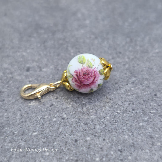 Ceramic rose Clip on Charm with Gold Lobster Clasp, Brass, Nickel Free, Stitch Marker, Zipper, Planner Charm