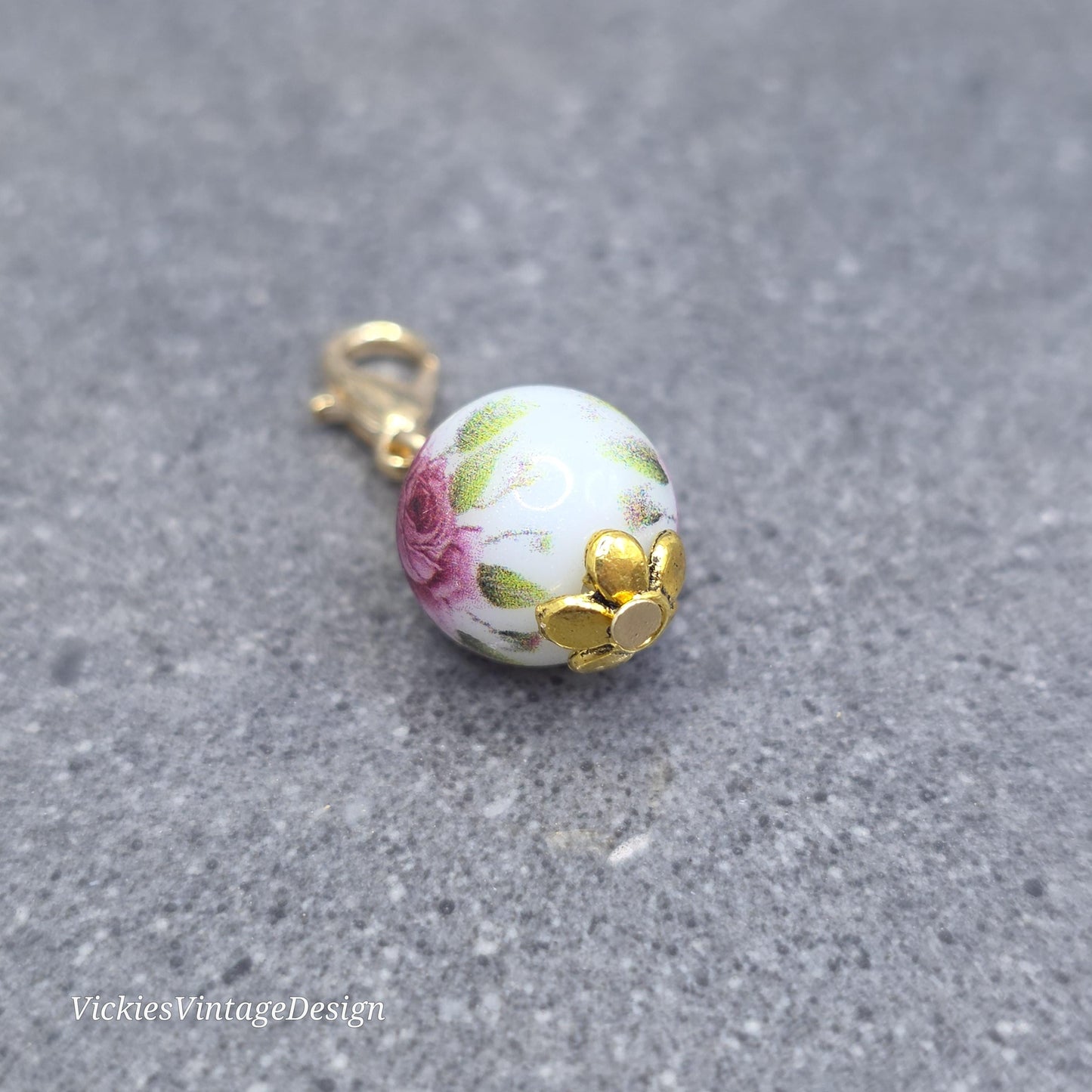 Ceramic rose Clip on Charm with Gold Lobster Clasp, Brass, Nickel Free, Stitch Marker, Zipper, Planner Charm