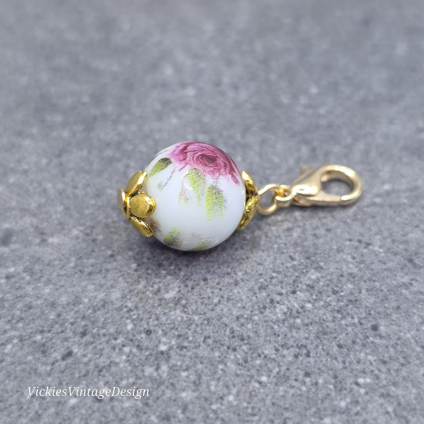 Ceramic rose Clip on Charm with Gold Lobster Clasp, Brass, Nickel Free, Stitch Marker, Zipper, Planner Charm