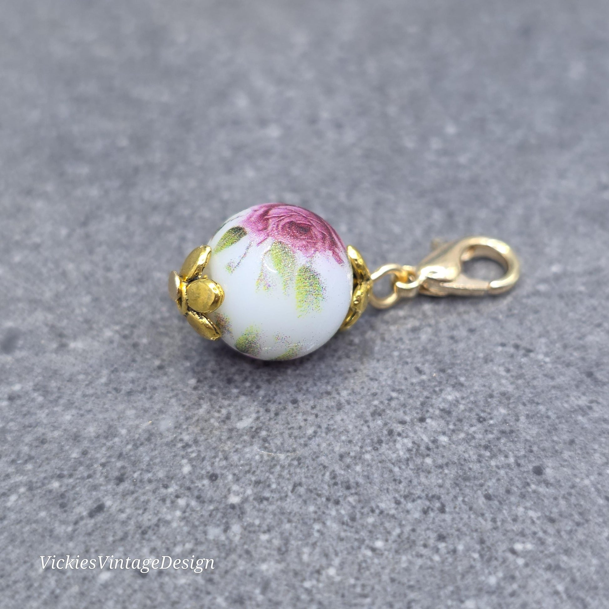 Ceramic rose Clip on Charm with Gold Lobster Clasp, Brass, Nickel Free, Stitch Marker, Zipper, Planner Charm